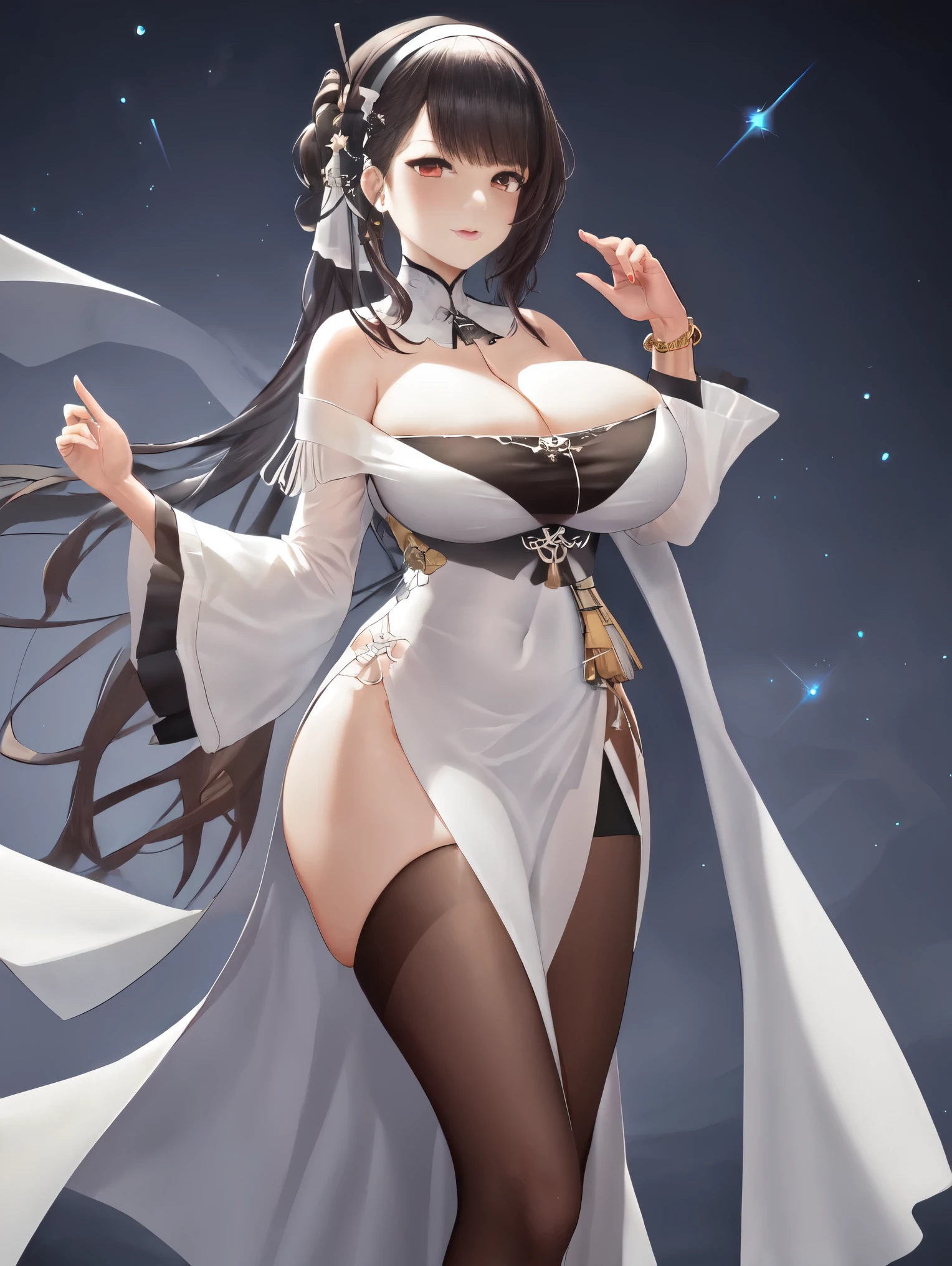 tmasterpiece,Best quality,extremely detaild的 CG unified 8k wallpapers, tmasterpiece, Best quality, CG, optics , Chen Hai((azur lane)),detail processing,((dark red-eye)),((Wifey,A mature woman)),black long hair, humongous large breast,Intimacies,eventide,The beautiful_the face, bangle,capelet,((dancer+transparent sarong)),Fluffy sleeves,hips focus,creamy ,leg loops,detail finger,