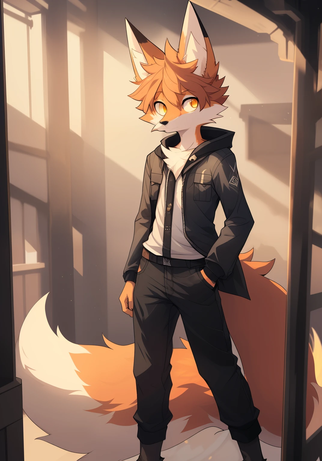 Best quality, super detailed, Super detailed illustration, (Fluffy fox boy:1.4), Slim, closed clothes from the future, thick fluffy hair, Long ears, fluffy tail, Perfect body, full length, crazy yellow eyes