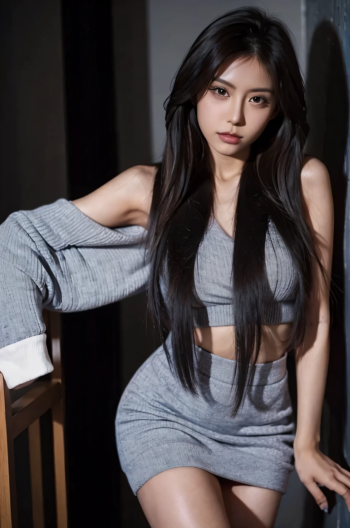 high quality, dark skinned, beautiful asian female with long hair, tattoos