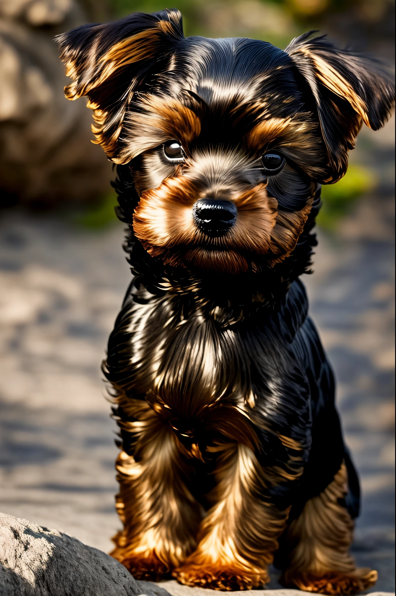 fundo muito detalhado, obra de arte, Com a melhor qualidade, (A dog), happy little black and brown breed (((Yorkshire Terrier))), corre ao longo da costa, Sol brilhante, O spray das ondas brilha na luz,