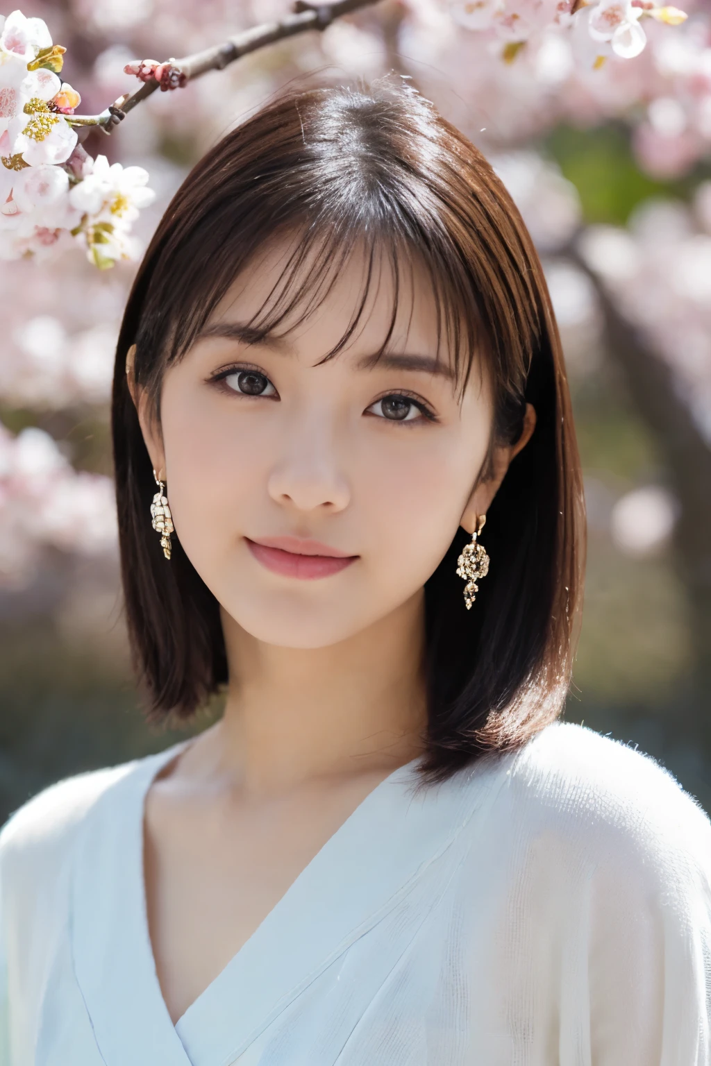 1 girl, (Spring outfit in pastel colors:1.2), beautiful japanese actress, 
looks great in the photo, Yukihime, long eyelashes, snowflake earrings,
(RAW photo, highest quality), (realistic, Photoreal:1.4), (table top), 
beautiful and detailed eyes, thick and beautiful lips, highly detailed eyes and face, 
break
(Plum blossomを愛でる少女:1.3), 
(Plum blossom), (blue sky),
dramatic lighting, great atmosphere, 
break 
Perfect Anatomy, slender body, small, short hair, parted bangs, angel smile, 
Crystal Skin, clear eyes, Strobe photography, catch light