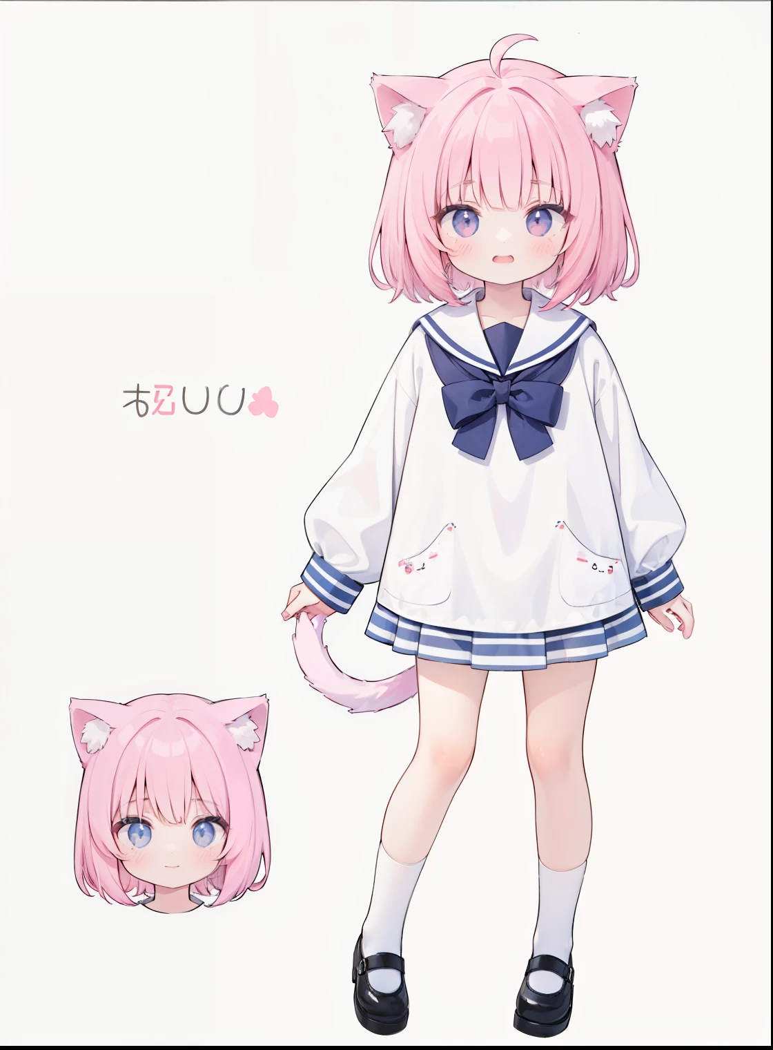 1 girl, Cat ears, cat tail, Sailor suit, ，positive face，Full body photo of the character，stand，pink hair，simple background，