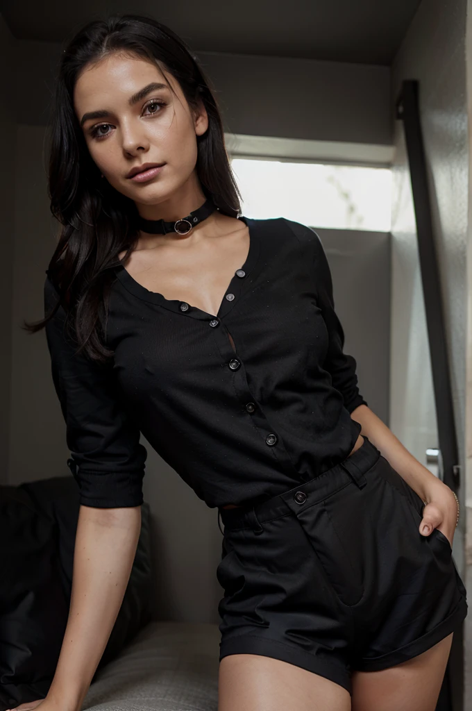 woman in a collared black top and shorts, promotional photoshoot, official, black outfit with buttons