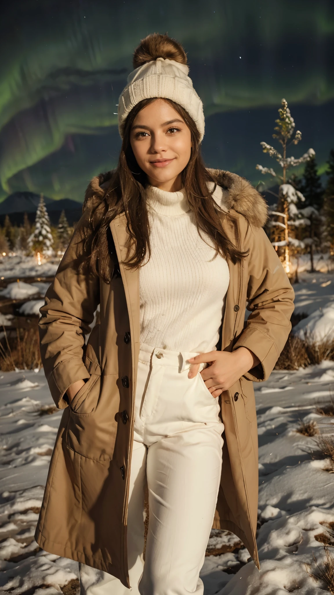 A beautiful woman in a brown coat with fur on the collar and white pants with brown snow boots and a white hat on her head, cabelos longos castanhos avermelhado, sorriso feliz, olhos perfeitos meio oriental, melhor qualidade, alta qualidade, greg rutkowski, sombreamento dom casmurro, cinematic, forest background in iceland,  night sky with magnificent aurora borealis 