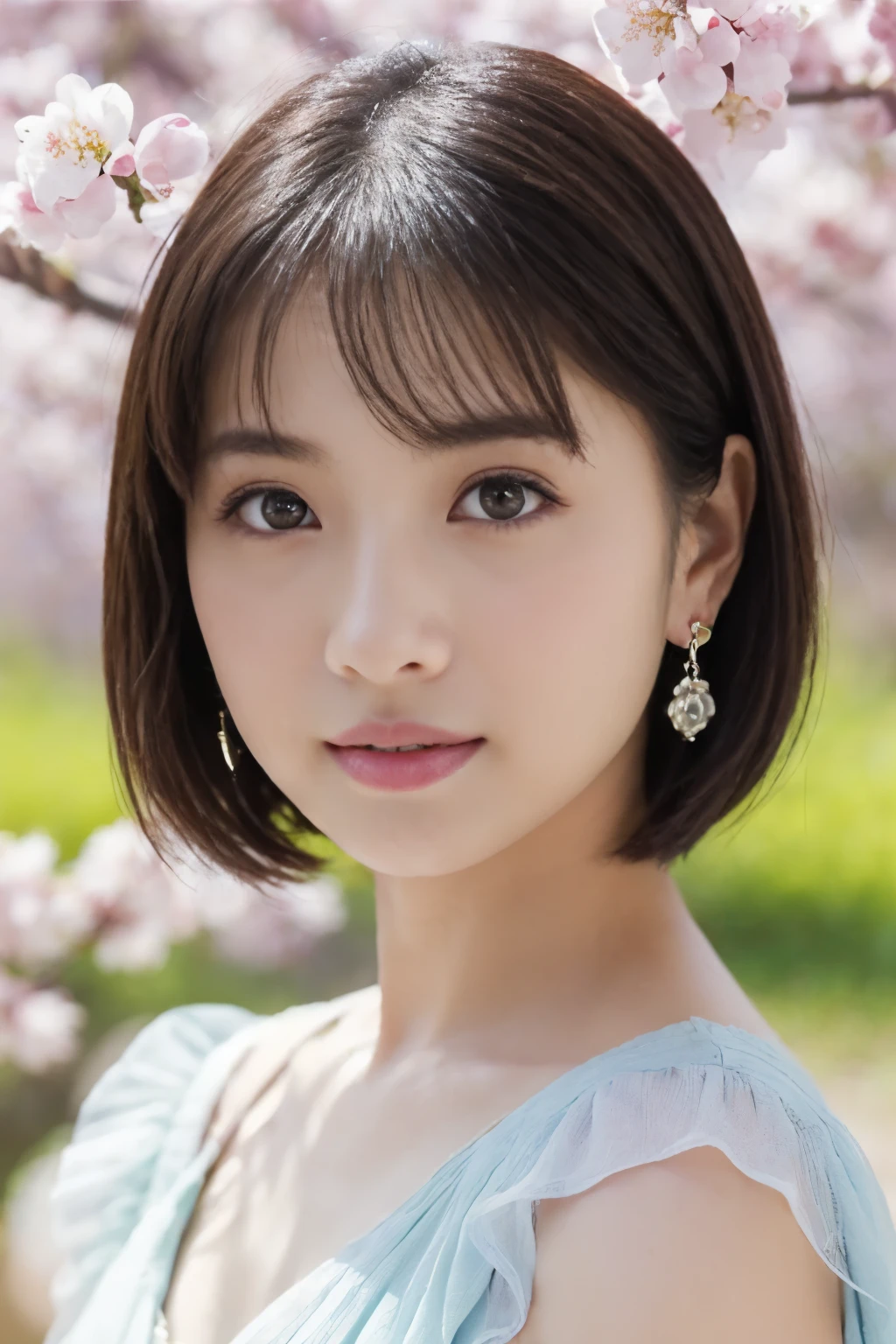 1 girl, (Spring outfit in pastel colors:1.2), beautiful japanese actress, 
looks great in the photo, Yukihime, long eyelashes, snowflake earrings,
(RAW photo, highest quality), (realistic, Photoreal:1.4), (table top), 
beautiful and detailed eyes, thick and beautiful lips, highly detailed eyes and face, 
break
(Plum blossomを愛でる少女:1.3), 
(Plum blossom), (blue sky),
dramatic lighting, great atmosphere, 
break 
Perfect Anatomy, slender body, small, short hair, parted bangs, angel smile, 
Crystal Skin, clear eyes, Strobe photography, catch light