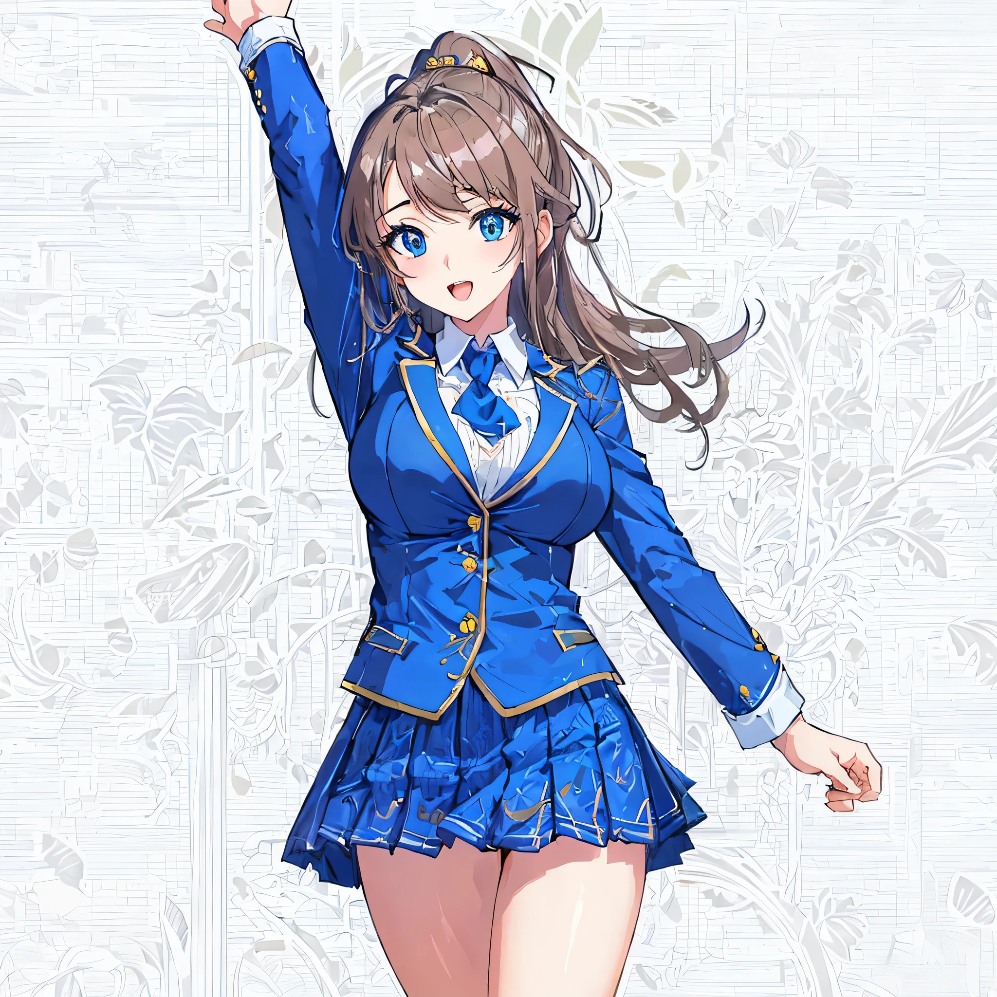 masterpiece, highest quality,figure,blue eyes,slanted eyes,super dense skin,surprised,detailed and beautiful eyes,(big breasts:1.2), (A raised and well-defined bust:1.2), (lifted chest:1.2), (perky chest :1.2),highlight,school uniform, blazer,ponytail,Raise the hand,waving,open your mouth,smile,