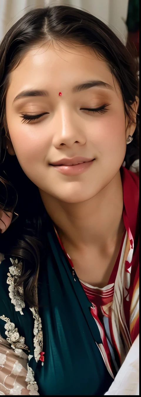 Sexy woman, eyes closed, mouth open, very deep blush, tip of the nose is red, flustered expression, revealing clothes, dark bedroom, warm lighting, in bed