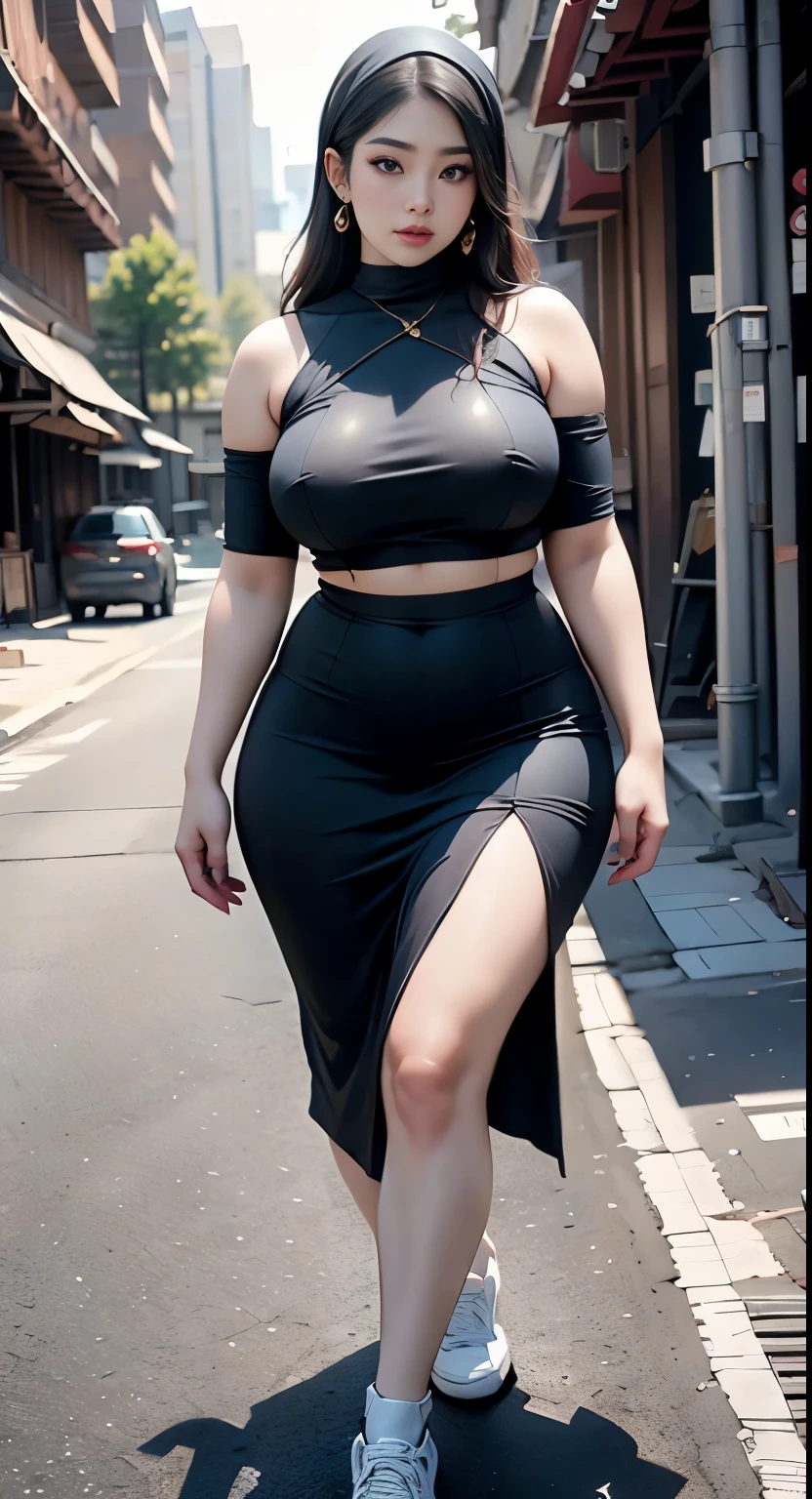 ((best quality)), ((masterpiece)), (detailed), perfect face, araffe woman in a dark-blue dress walking down a street, thicc, she has a jiggly fat round belly, bbwchan, wearing dress, skinny waist and thick hips, widest hips, her belly is fat and round, soft curvy shape, hyperrealistic full figure, wearing a cute dress , wide hips, cropped shoulders,Bare belly,(big assa:0.7),show legs,, thicc, beautiful thick female, beautiful curvy female,, Tall and tall,clear curvy details, curvy hourglass figure, alluring plus sized model, bbwchan, Voluptious body, Curvy model, Curvy body, Be red in the face, 1girll, a matural female, A MILF, the golden ratio,(Kpop idol),(Oil skin:0.72),(Oil skin:1.1), iremuzi tattoos on thighs, big tattoo on thighs, japanese goddess , korean Goddess , milky white skin, wearing hijab clothes, wearing sneakers
