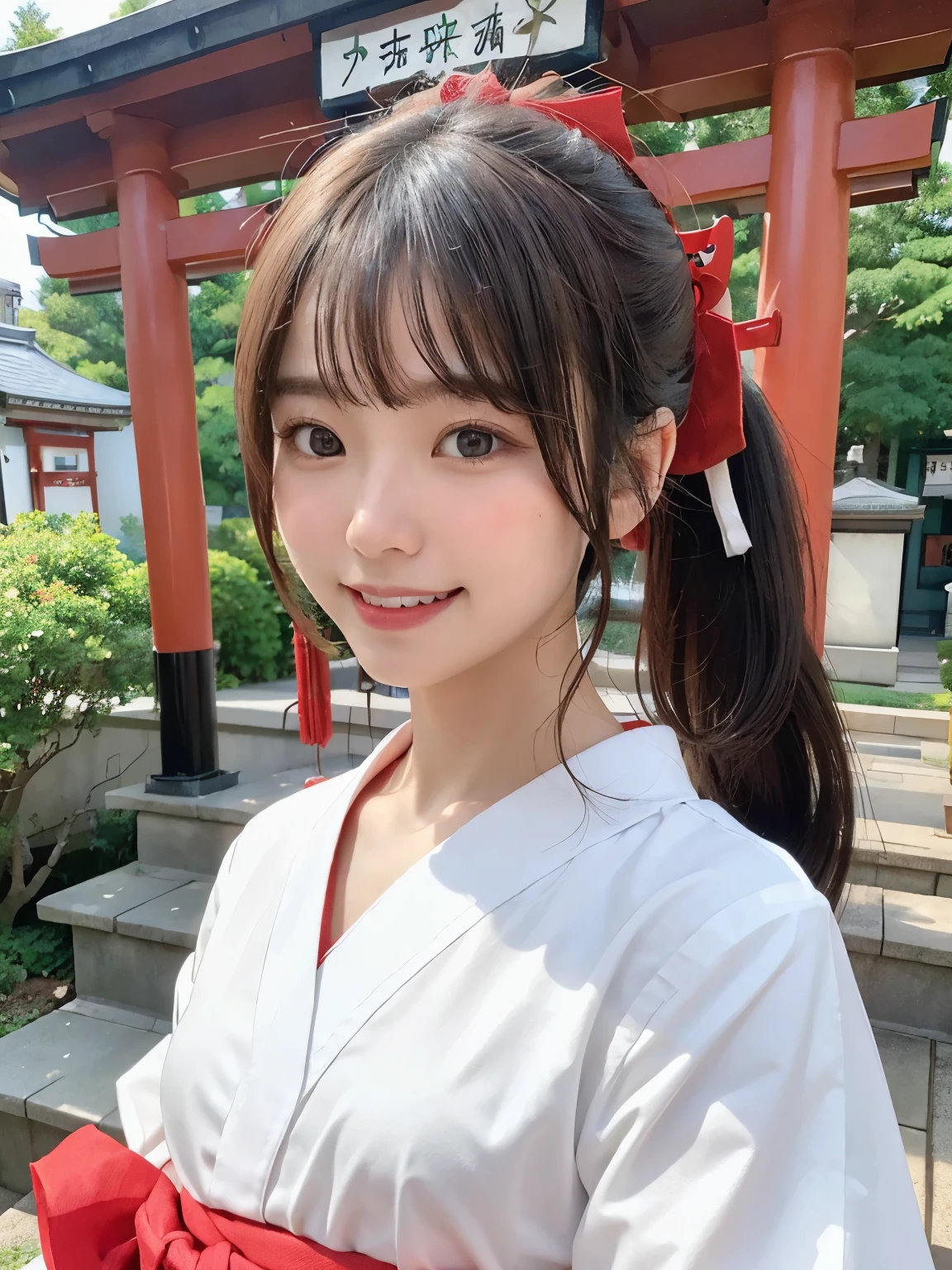 highest quality、8K、ultra high resolution、Super detailed face and eyes、Highly detailed face and skin texture、glowing skin、shiny skin、master piece:1.3、1 girl、super detail face、delicate eyes、double eyelid、whole body、full shot、short ponytail、20-year-old、brown hair、((shrine maiden、shrine maiden服、shrine、white clothes、red hakama、torii))、approach、A sluggish smile、gentle smile、smile with teeth showing