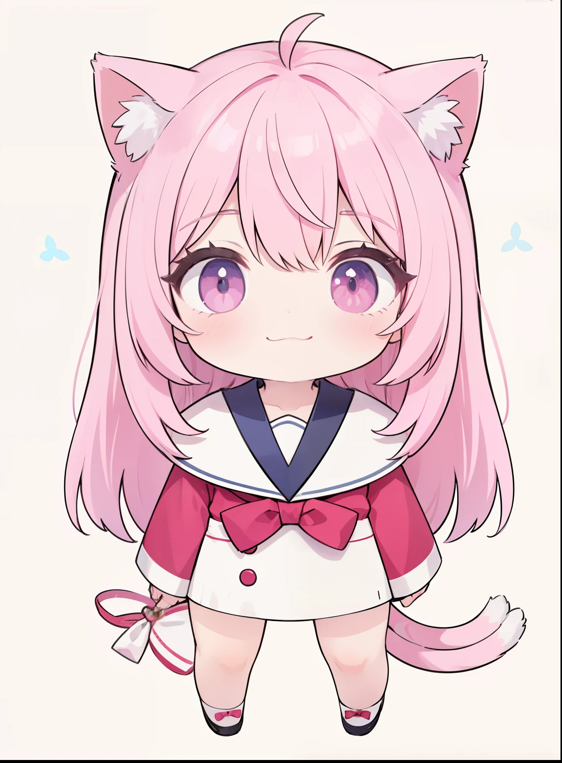 1 girl, Cat ears, cat tail, Sailor suit, ，positive face，Full body photo of the character，stand，pink hair，simple background，（Hair shown alone）