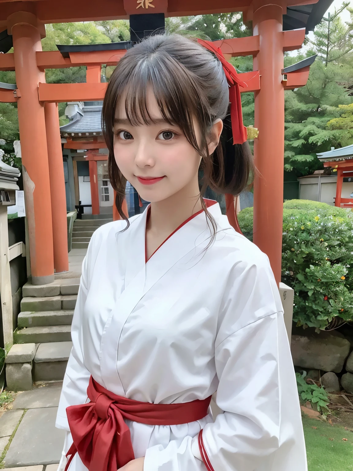 highest quality、8K、ultra high resolution、Super detailed face and eyes、Highly detailed face and skin texture、glowing skin、shiny skin、master piece:1.3、1 girl、super detail face、delicate eyes、double eyelid、whole body、full shot、short ponytail、20-year-old、brown hair、((shrine maiden、shrine maiden服、shrine、white clothes、red hakama、torii))、approach、A sluggish smile、gentle smile