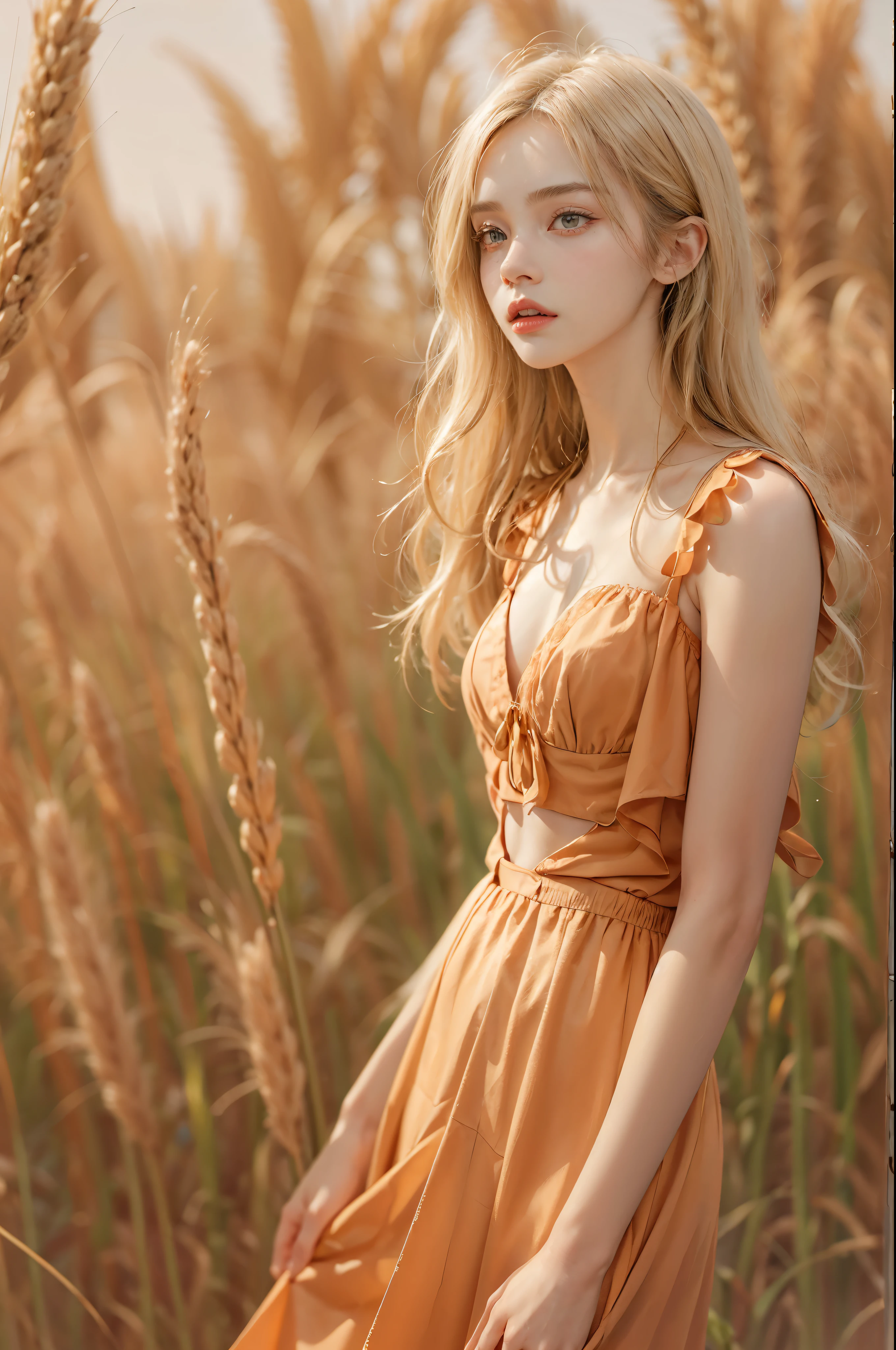 masterpiece, best quality, high quality, High definition, High quality texture, High quality shadow, high detail, beautiful detailed, finely detailed, extremely detailed cg, detailed texture, a realistic representation of the face, realistic, colorful, delicate, sharp focus, (intricate details, makeup, PureErosFace_V1:0.5), (detailed beautiful delicate face, detailed beautiful delicate eyes, a face of perfect proportion, high detailed skin, detailed skin, best ratio four finger and one thumb, skiny and thin:1.3), 1girl, , tall, (smooth_abs:1.55), (abs:0.5), pretty, masterpiece, highres, (long_skinny_legs), (straight_legs), (skinny_waist), (((fair skin))), white skin, (((pale skin))), (Emma_watson), big_breast, (((Caucasian))), Light blonde hair, orange Bandeau, orange short pleated dress, standing legs apart, looking at viewer, full body, portrait of cute blonde girl, standing on a wheat field (((looking away))), bloom, orange fog, motion, wispy hair, realism, high-quality rendering, stunning art, high quality, film grain, Fujifilm XT3, dreamy