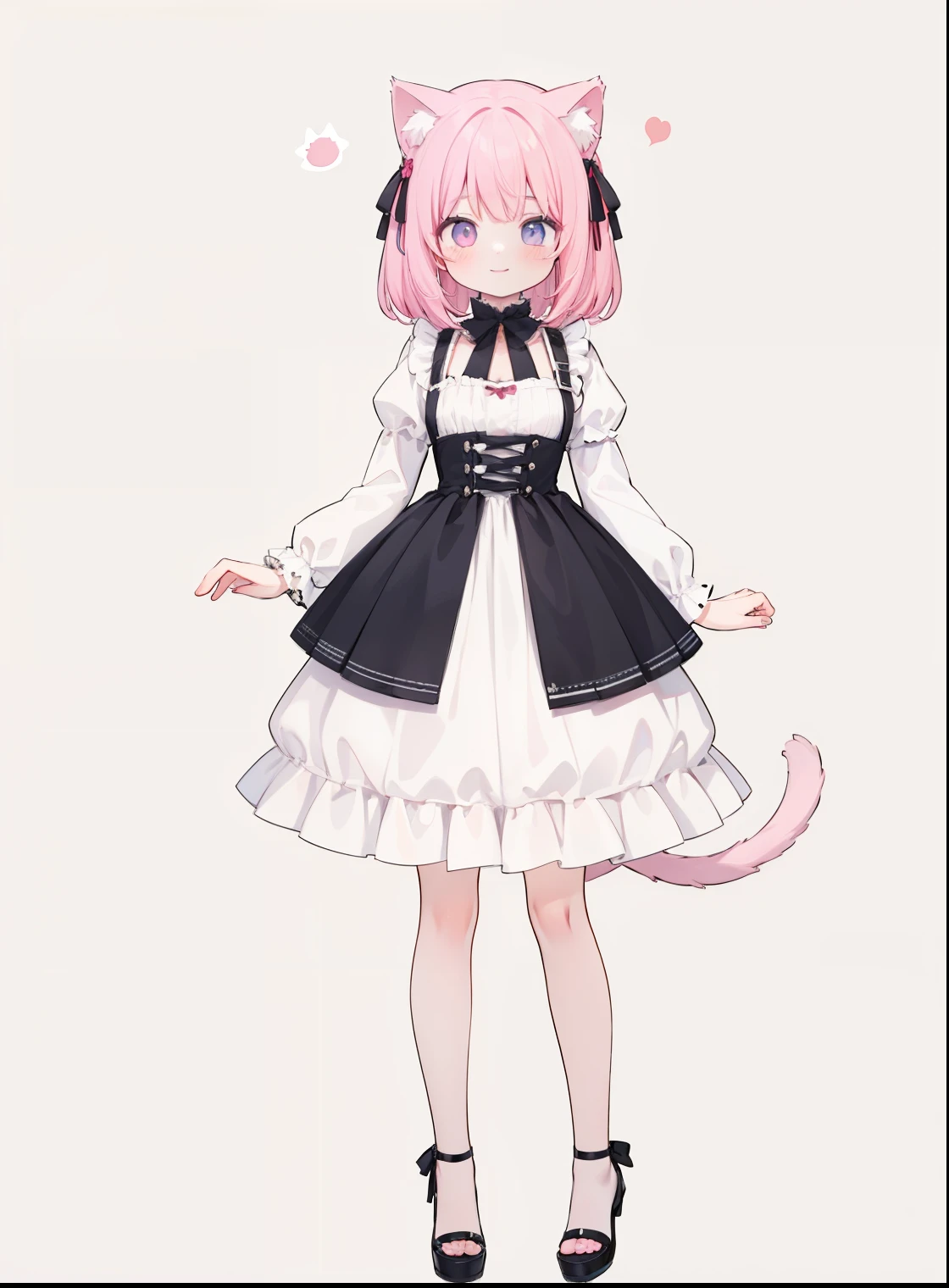 1 girl, Cat ears, cat tail ，positive face，Full body photo of the character，stand，pink hair，simple background，Lolita dressed up