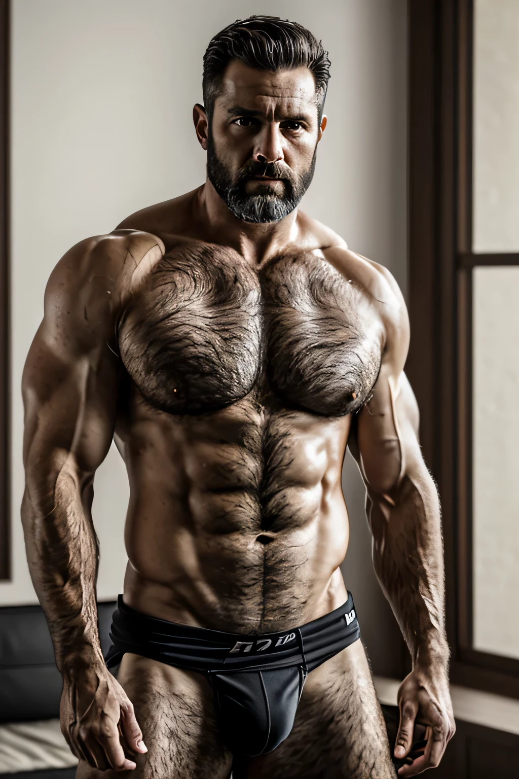 A portrait of a muscular 40 year old man., vistiendo una camiseta blanca y estando desnudo, provocativo, (Mejor calidad, 4k, high resolution, Obra maestra:1.2), ultra detallado, ojos detallados (Realista, photoRealista:1.37), Estructura corporal fuerte, defined muscles, mirada intensa, Robust features, abdominales esculpidos, dramatic lighting, pose seductora, colores vibrantes, Hiperrealismo, 8K, barbado, masculino.