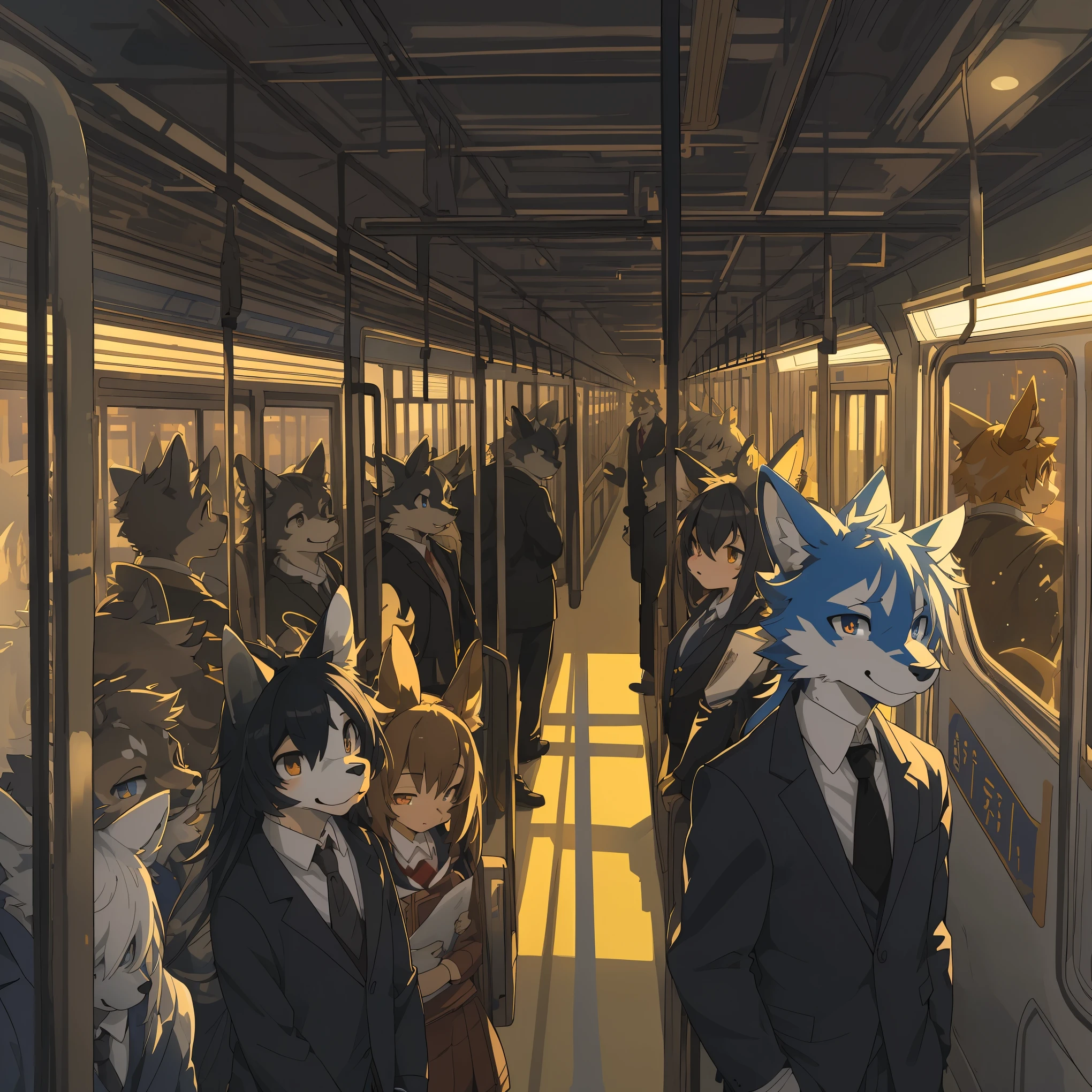 top quality, best quality, High-quality illustrations, masterpiece, super high resolution, detailed background, station, train, student, salary, suits, evening, 6+boys, 6+girls, absurdres(highly detailed beautiful face and eyes)perfect anatomy, expression, good lighting, cinematic shadow(kemono, furry anthro)assorted poses, dynamic angle,