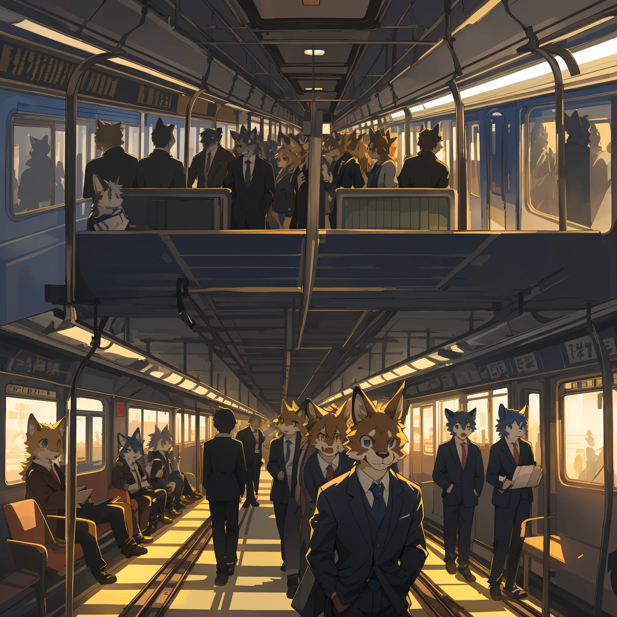 top quality, best quality, High-quality illustrations, masterpiece, super high resolution, detailed background, station, train, student, salary, suits, evening, 6+boys, 6+girls, absurdres(highly detailed beautiful face and eyes)perfect anatomy, expression, good lighting, cinematic shadow(kemono, furry anthro)assorted poses, dynamic angle,