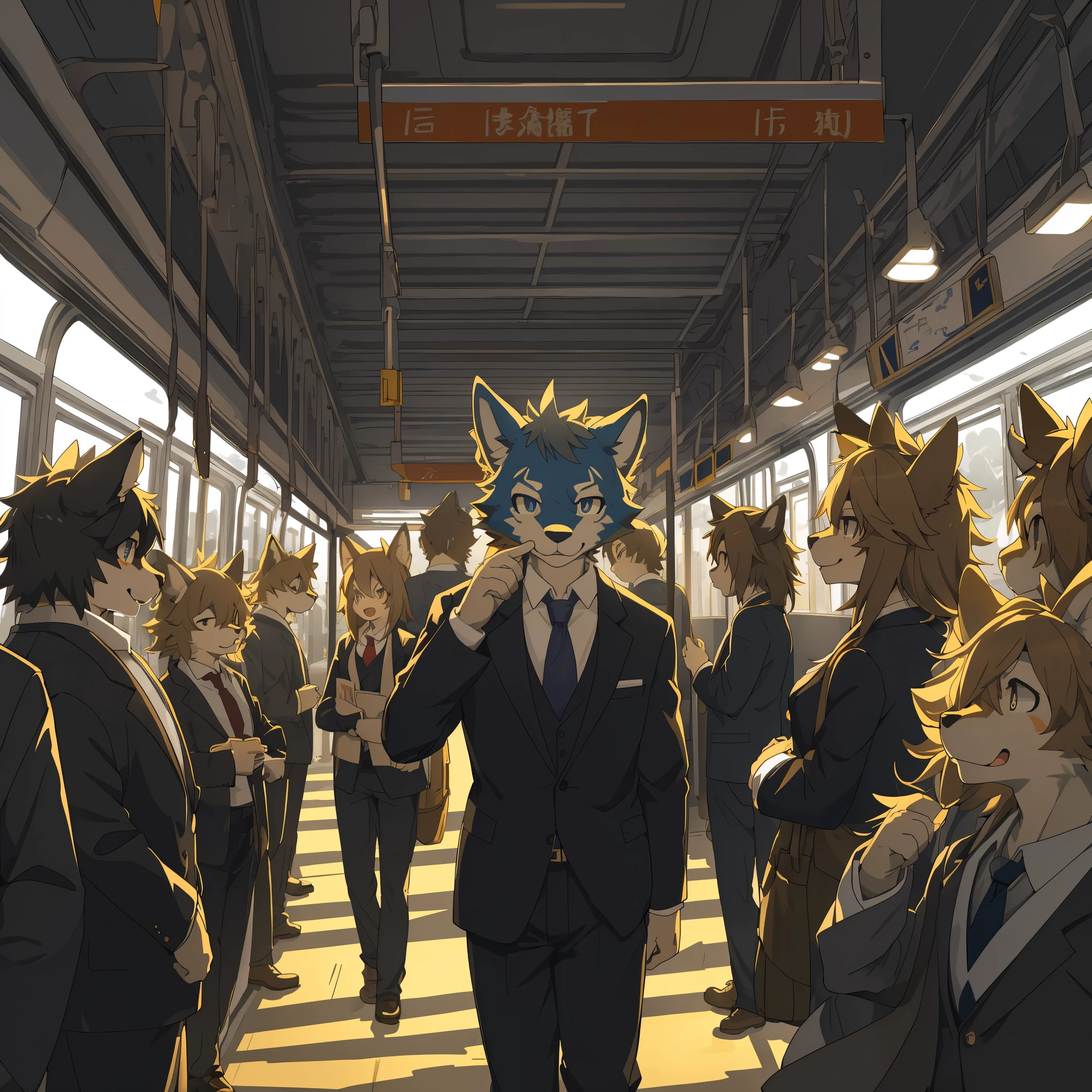 top quality, best quality, High-quality illustrations, masterpiece, super high resolution, detailed background, station, train, student, salary, suits, evening, 6+boys, 6+girls, absurdres(highly detailed beautiful face and eyes)perfect anatomy, expression, good lighting, cinematic shadow(kemono, furry anthro)assorted poses, dynamic angle,