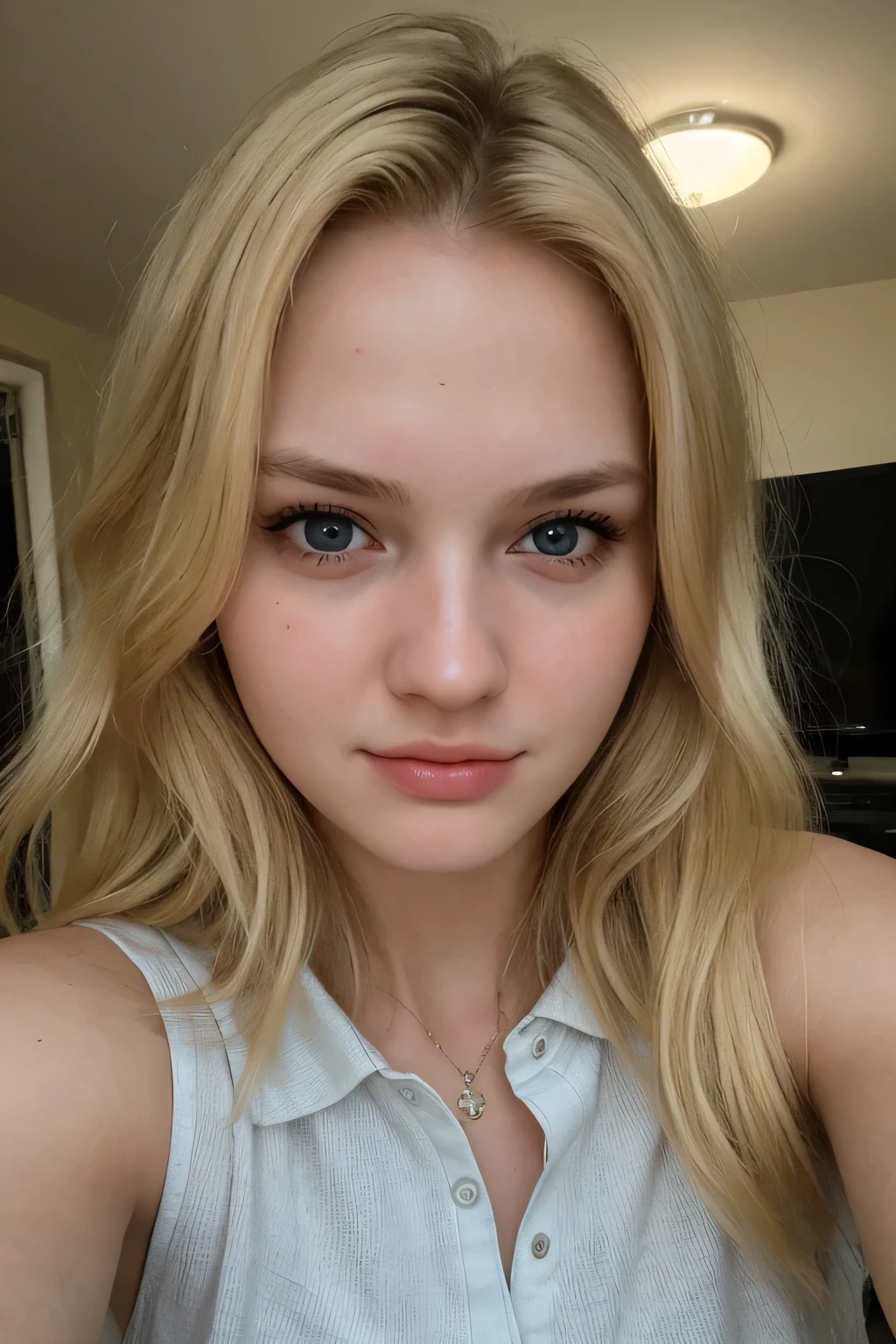 super cute blonde woman, 21 years old, analog style, RAW photo, photography, hyper photorealistic, A selfie of a woman in her gaming room, hands not visible, detailed skin, soft natural raw light, highly detailed, best quality, ultra detailed, extremely detailed, taken from mobile camera