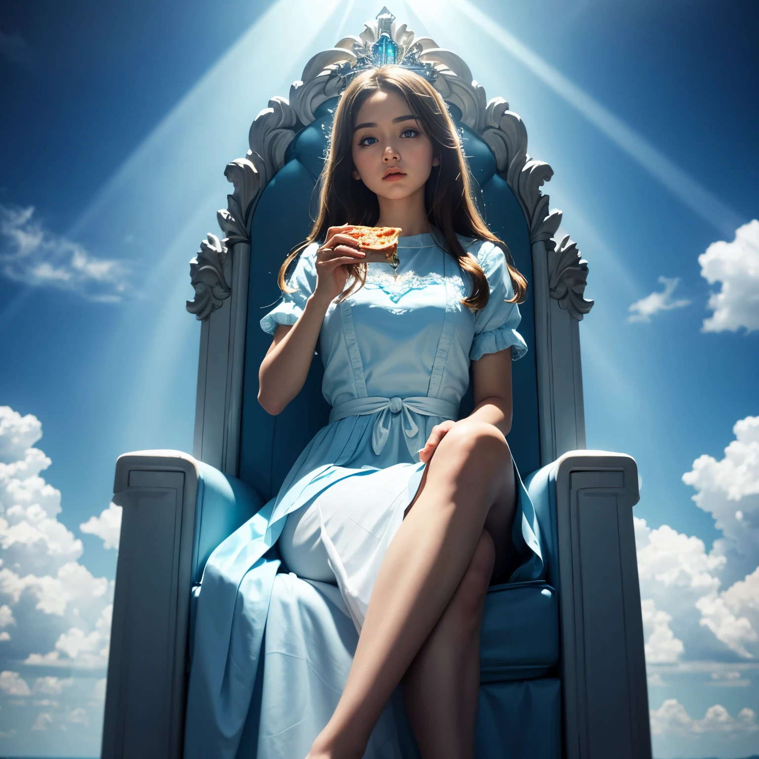 God, sitting on a throne with a piece of pizza in his hand. Long light blue and white dress. behind clouds and rays of light., UHD