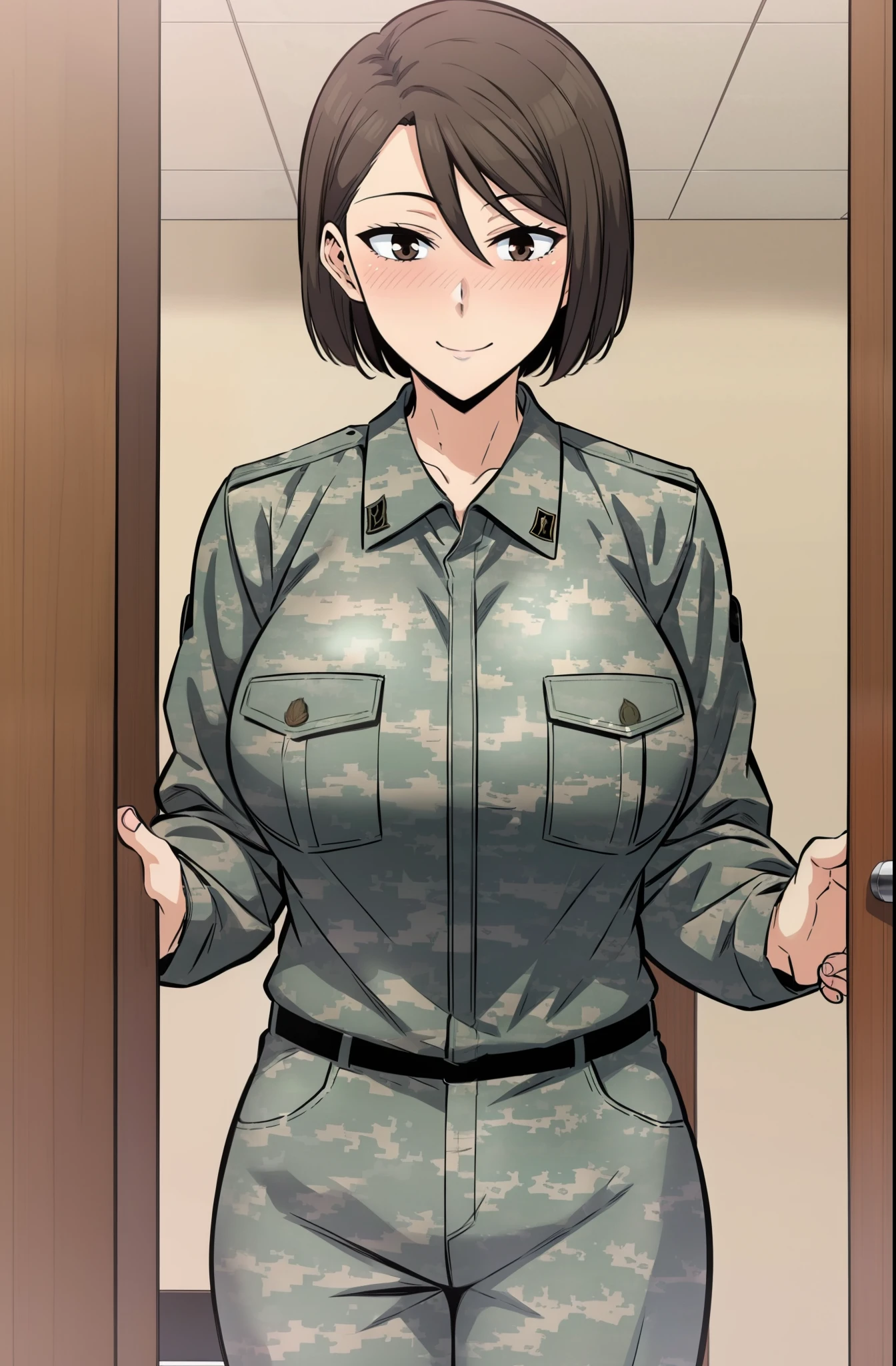 master piece,1girl, pants,solo, looking at viewer, blush, smile, short hair, large breasts, , brown hair, shirt, black hair, hair between eyes, brown eyes, closed mouth,  pantylines, camouflage pants, , collared shirt, uniform, military, military uniform, camouflage
