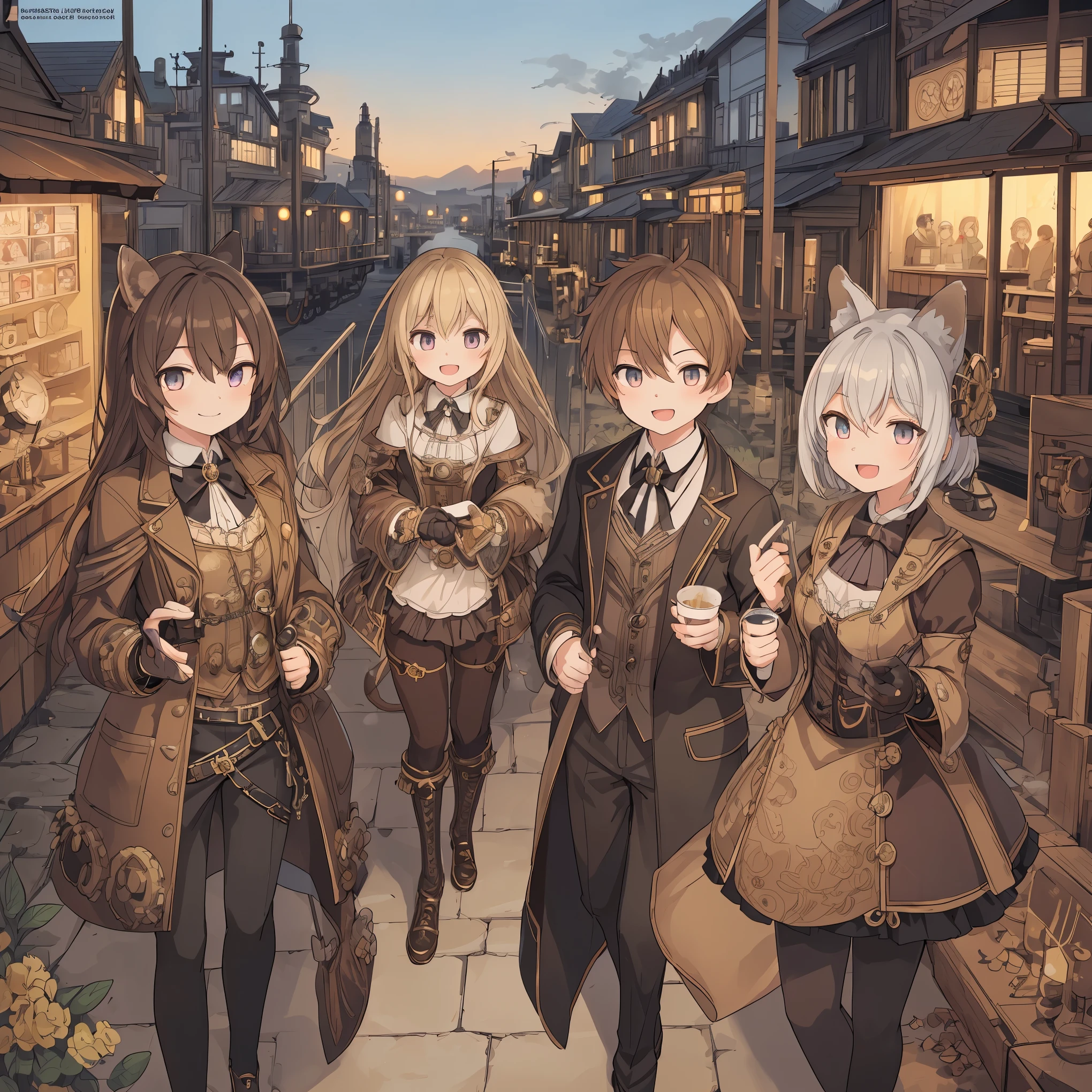 dynamic angle, top quality, best quality, High-quality illustrations, masterpiece, super high resolution, detailed background, detailed backgroundsteampunk, Steam engines, gear wheel, group shot:0.1, 6+boys, 6+girls, Happy, joyful, absurdres(highly detailed beautiful face and eyes)perfect anatomy(kemono, furry anthro),