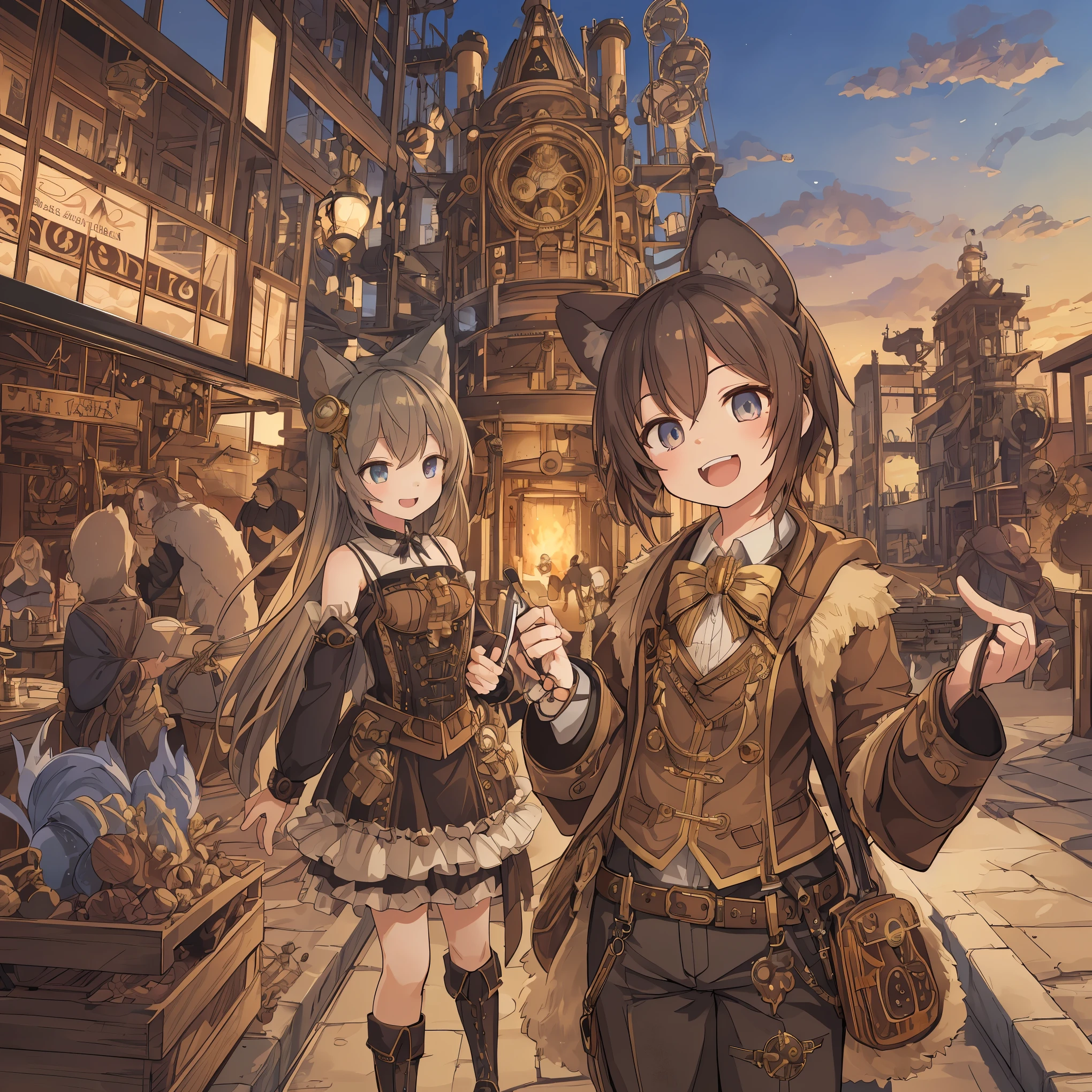 dynamic angle, top quality, best quality, High-quality illustrations, masterpiece, super high resolution, detailed background, detailed backgroundsteampunk, Steam engines, gear wheel, group shot:0.1, 6+boys, 6+girls, Happy, joyful, absurdres(highly detailed beautiful face and eyes)perfect anatomy(kemono, furry anthro),