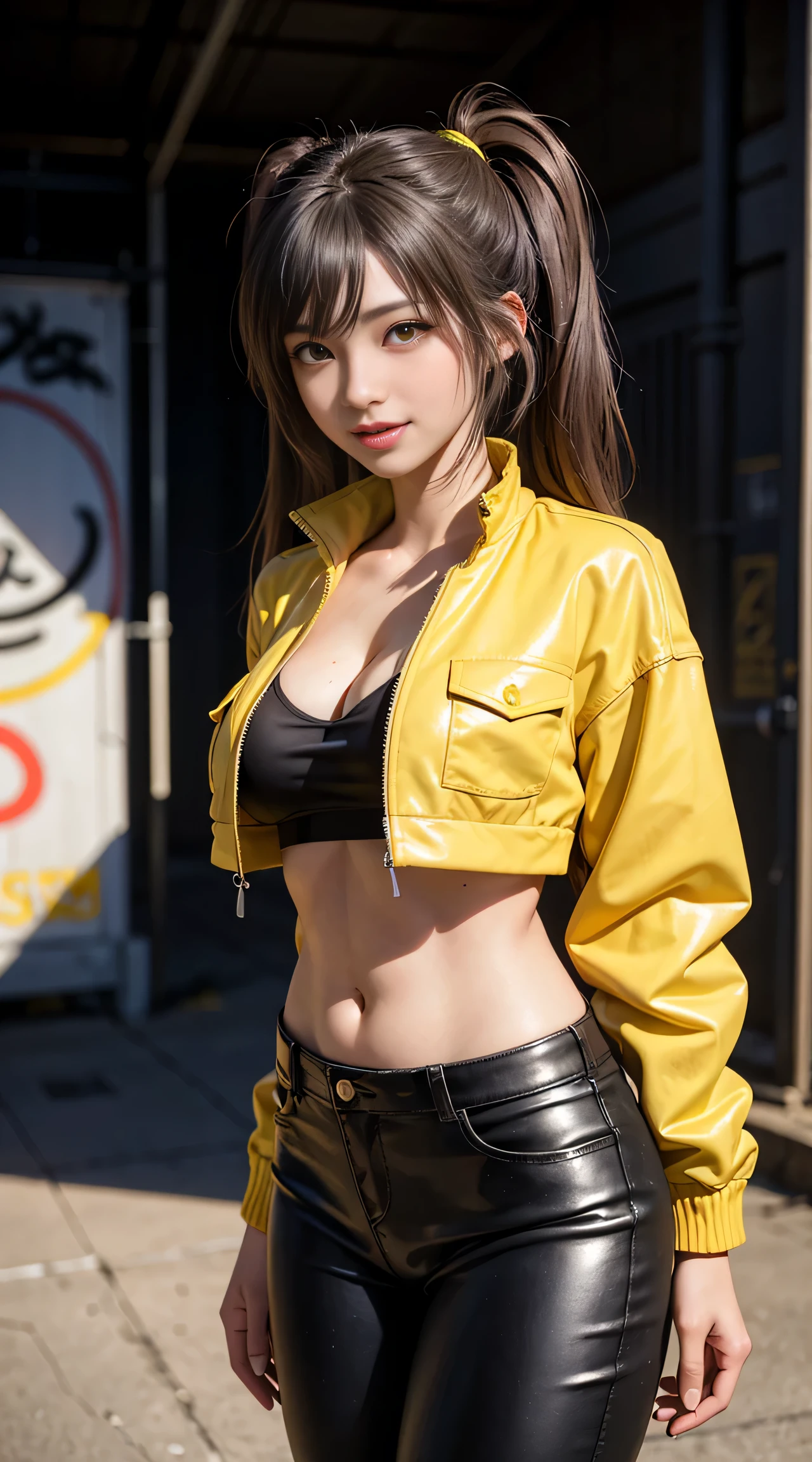 sfw, Cute 16 year old nekomata catgirl, , Delicate Beautiful Attractive Face With Alluring Yellow Eyes, open mouth, Broadly Smiling, Lovely Medium Breasts, Layered Long Twintail hair, Blush Eyeshadow, Thick Eyelashes, Oversized cyberpunk Tech jacket, Mini Underboob Tee, Open Navel, Slim Waist, leather Pants, In The Graffiti Alley, Holding Spray Paint Can, Standing, Original Character, Volumetric Lighting, Best Shadows, Shallow Depth of Field, (Highest Quality, Amazing Details:1.25), (Solo:1.3), Brilliant Colorful Paintings, wearing bra,((skinny waist)), young asian girl, ((big breasted)),