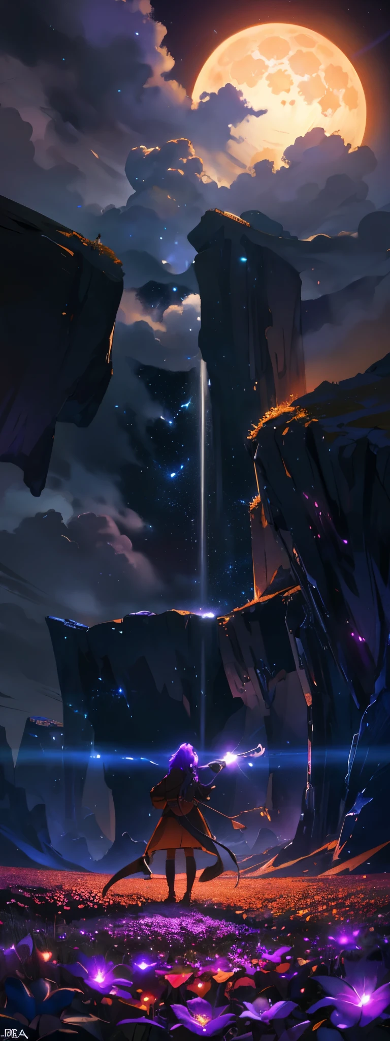 extensive landscape photography , (bottom view: sky above and open field below), A girl stands in a flower field and looks up, (full moon:1.2), ( falling stars:0.9), (nebula:1.3), distant mountain, tree BREAK production art, (warm light source:1.2), (Firefly:1.2), lamp, lots of purple and orange, complex parts, volumetric lighting, realism
(Masterpiece:1.2), (Best quality), 4k, ultra detailed, (dynamic composition:1.4), very detailed, colorful details,( iridescent colors:1.2), (glowing lighting, atmospheric lighting), dreamy, magic, (One:1.2)