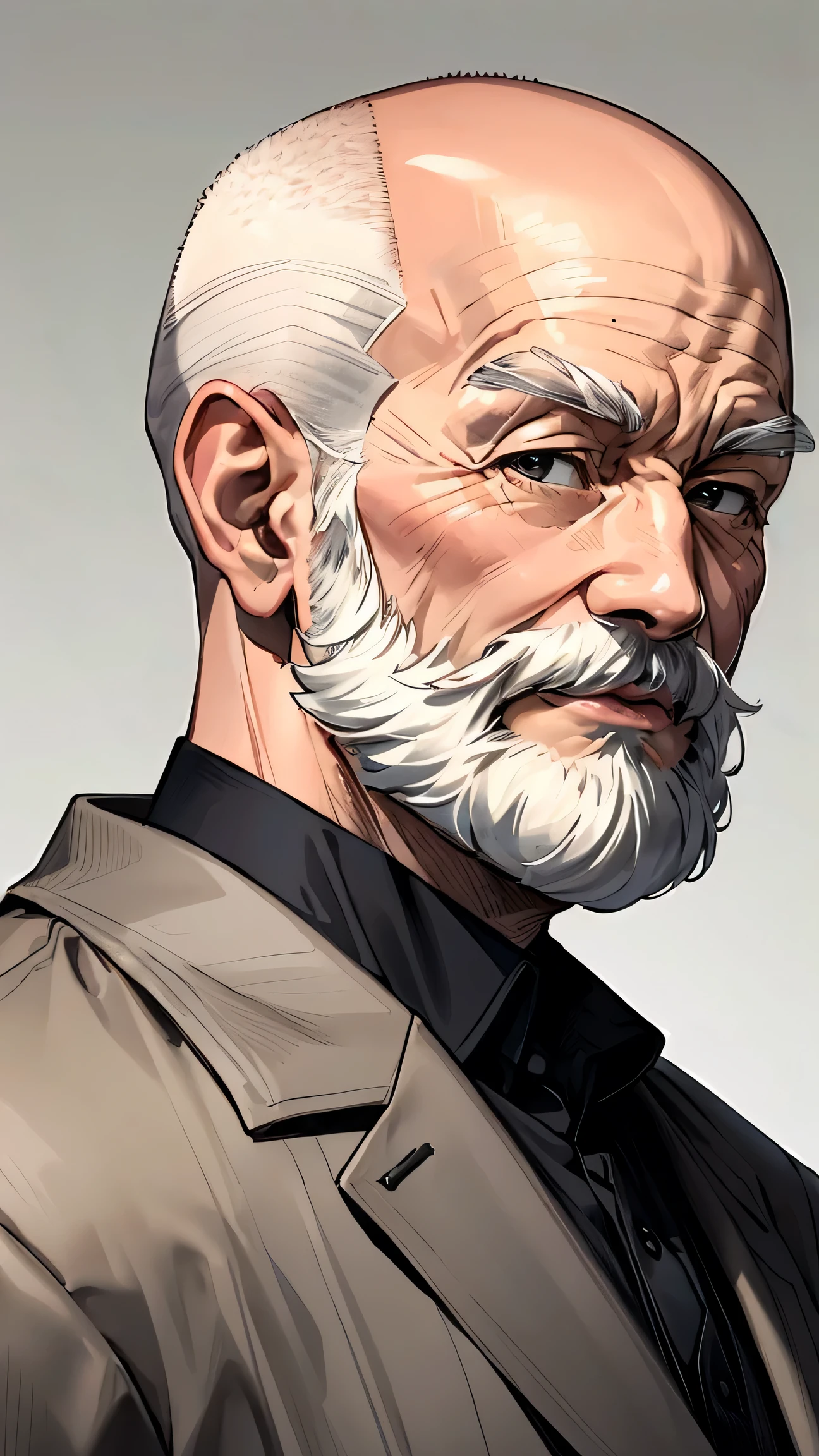 A beautifully drawn (((portrait))), featuring a cheerful (((granpa))) with a full, gray-flecked beard and (((a middle bald white hair))), wearing a classic, long-sleeved brown coat that accentuates his slight frame; highres, masterpiece, best quality, sharpen, sharp