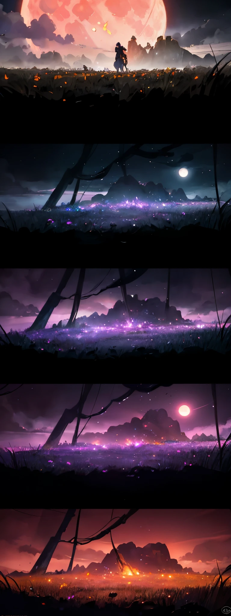 extensive landscape photography , (bottom view: sky above and open field below), A girl stands in a flower field and looks up, (full moon:1.2), ( falling stars:0.9), (nebula:1.3), distant mountain, tree BREAK production art, (warm light source:1.2), (Firefly:1.2), lamp, lots of purple and orange, complex parts, volumetric lighting, realism
(Masterpiece:1.2), (Best quality), 4k, ultra detailed, (dynamic composition:1.4), very detailed, colorful details,( iridescent colors:1.2), (glowing lighting, atmospheric lighting), dreamy, magic, (One:1.2)