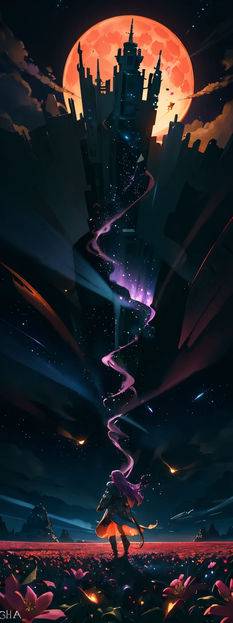 extensive landscape photography , (bottom view: sky above and open field below), A girl stands in a flower field and looks up, (full moon:1.2), ( falling stars:0.9), (nebula:1.3), distant mountain, tree BREAK production art, (warm light source:1.2), (Firefly:1.2), lamp, lots of purple and orange, complex parts, volumetric lighting, realism
(Masterpiece:1.2), (Best quality), 4k, ultra detailed, (dynamic composition:1.4), very detailed, colorful details,( iridescent colors:1.2), (glowing lighting, atmospheric lighting), dreamy, magic, (One:1.2)
