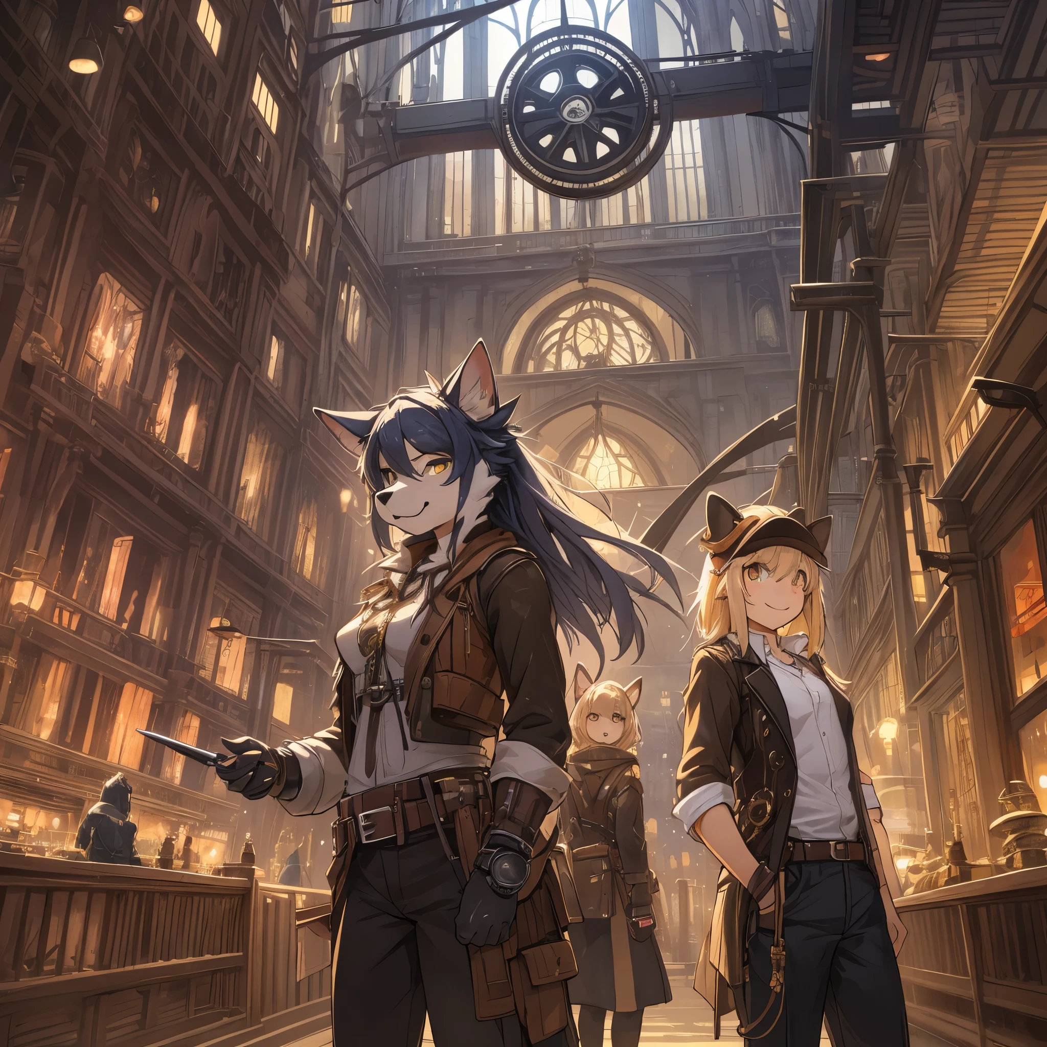 dynamic angle, top quality, best quality, High-quality illustrations, masterpiece, super high resolution, detailed background, detailed backgroundsteampunk, Steam engines, gear wheel, group shot:0.1, 6+boys, 6+girls, Happy, joyful, absurdres(highly detailed beautiful face and eyes)perfect anatomy(kemono, furry anthro),