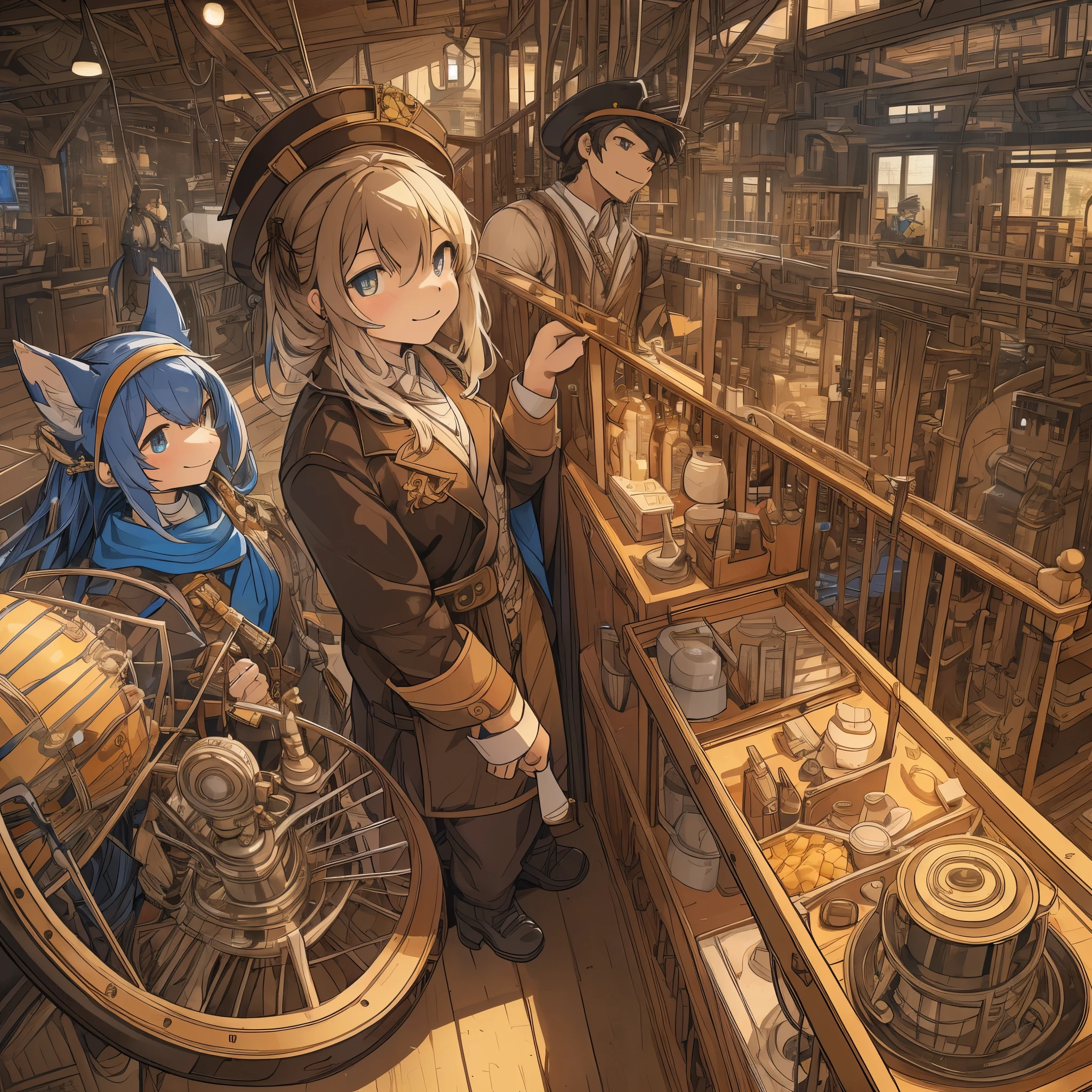 dynamic angle, top quality, best quality, High-quality illustrations, masterpiece, super high resolution, detailed background, detailed backgroundsteampunk, Steam engines, gear wheel, group shot:0.1, 6+boys, 6+girls, Happy, joyful, absurdres(highly detailed beautiful face and eyes)perfect anatomy(kemono, furry anthro),