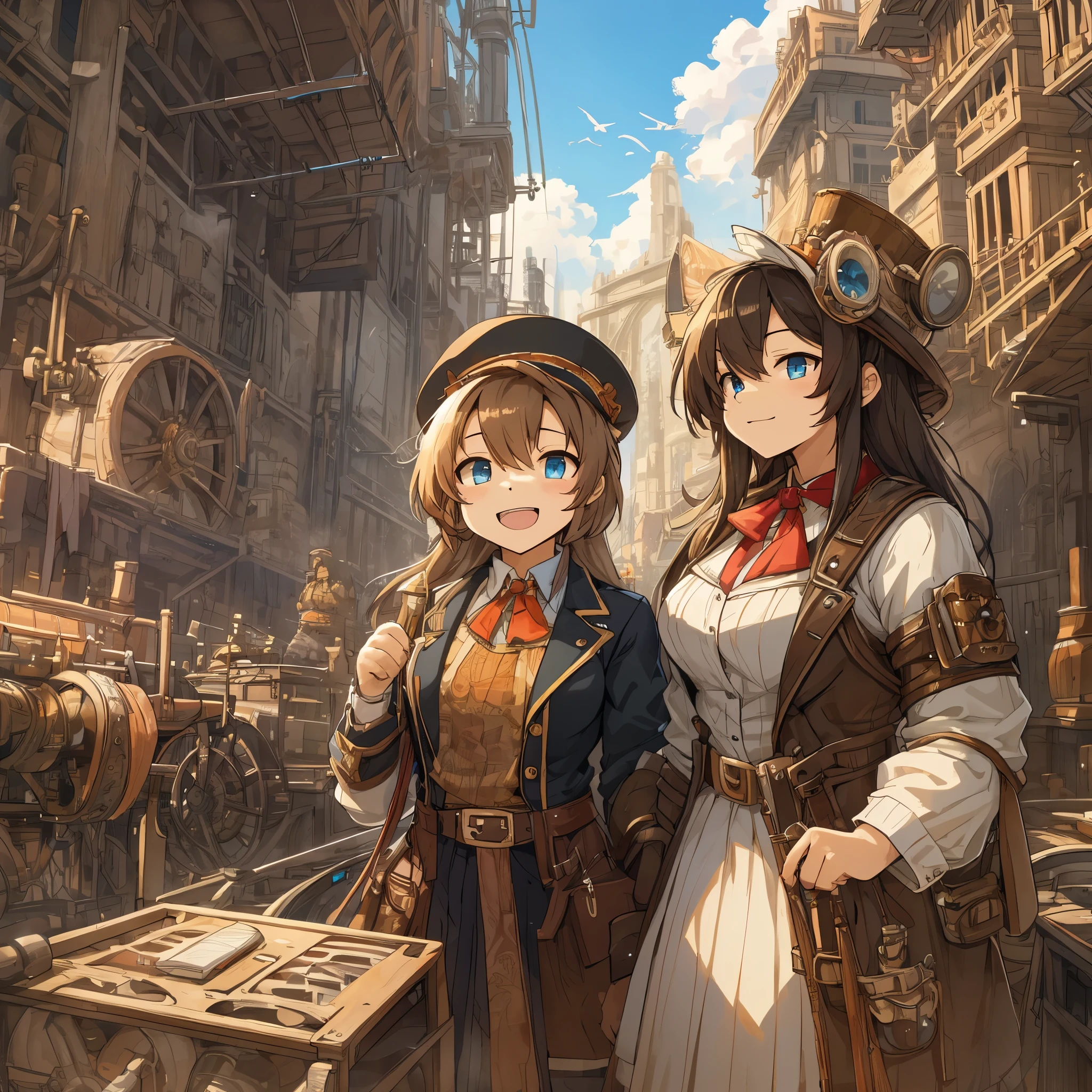 dynamic angle, top quality, best quality, High-quality illustrations, masterpiece, super high resolution, detailed background, detailed backgroundsteampunk, Steam engines, gear wheel, group shot:0.1, 6+boys, 6+girls, Happy, joyful, absurdres(highly detailed beautiful face and eyes)perfect anatomy(kemono, furry anthro),