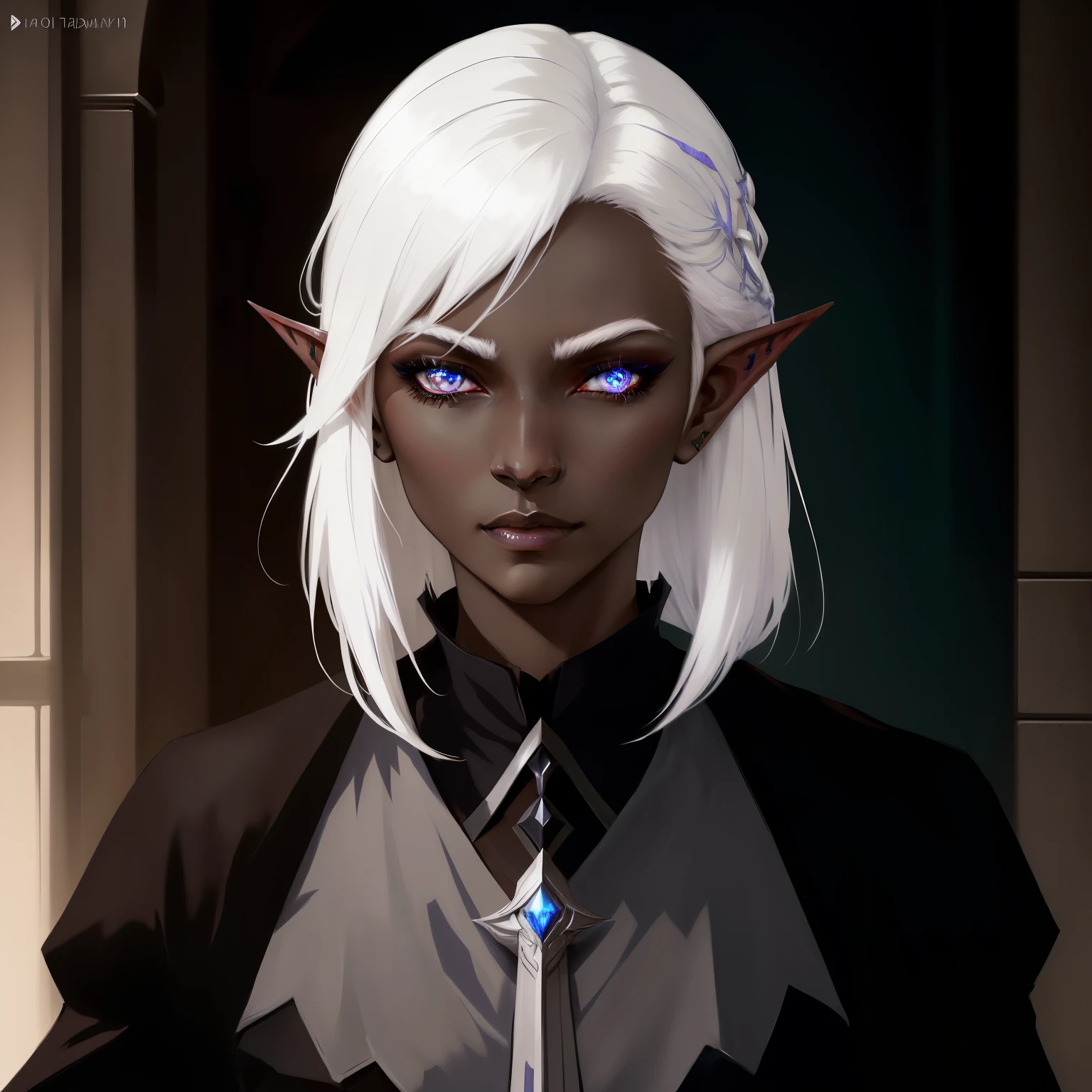 anime character with white hair and blue eyes in a dark room, female drow elf, beautiful dark elf countess, handsome drow, drow, dark elf princess, dark elf, portrait of a female elf warlock, beautiful male drow, perfect drow, portrait of a female mage, inspired in kris from deltarrune, portrait female elf wizard