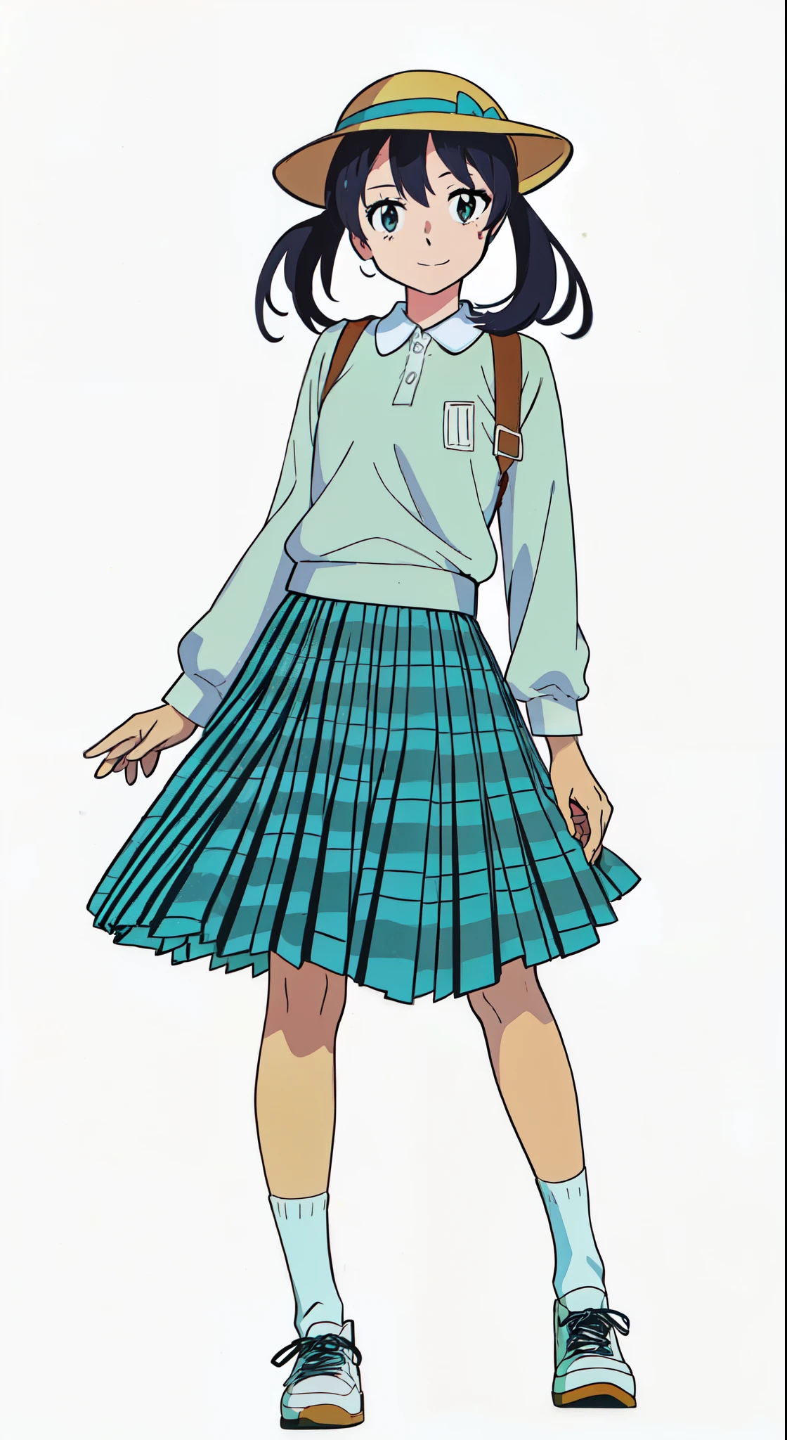 (best quality:1.0), (masterpiece:1.0), (super fine illustration:1.0), (beautiful artwork:1.0), (anime screencap:1.0), (official art:1.0), (cheerful:1.5), (light smile:1.5), (white background:1.0), (best quality:1.0), (masterpiece:1.0), (super fine illustration:1.0), (beautiful artwork:1.0), (anime screencap:1.0), (official art:1.0), (full body:1.0), (solo:1.0), (ESGA:1.0), (a 12yo cute girl:1.0), (yellow hat:1.25), (red backpack:1.0), (long skirt:1.0), (green tartan skirt:1.0), (pleated skirt:1.0), (aqua blue polo shirt:1.0), (long sleeve polo shirt:1.0), (sneakers:1.0), (white socks:1.25), (ideal ratio body proportions:1.25), (lanky:1.25), (tall:1.25), (slender:1.25), (small breasts:1.25), (smaller face:1.25), (tareme:1.0), (detailed beautiful eyes:1.0), (detailed beautiful face:1.0), (glowing black eyes:1.0), (short hair:1.0), (low twintails:1.0), (black hair:1.0), (looking at viewer:1.0)