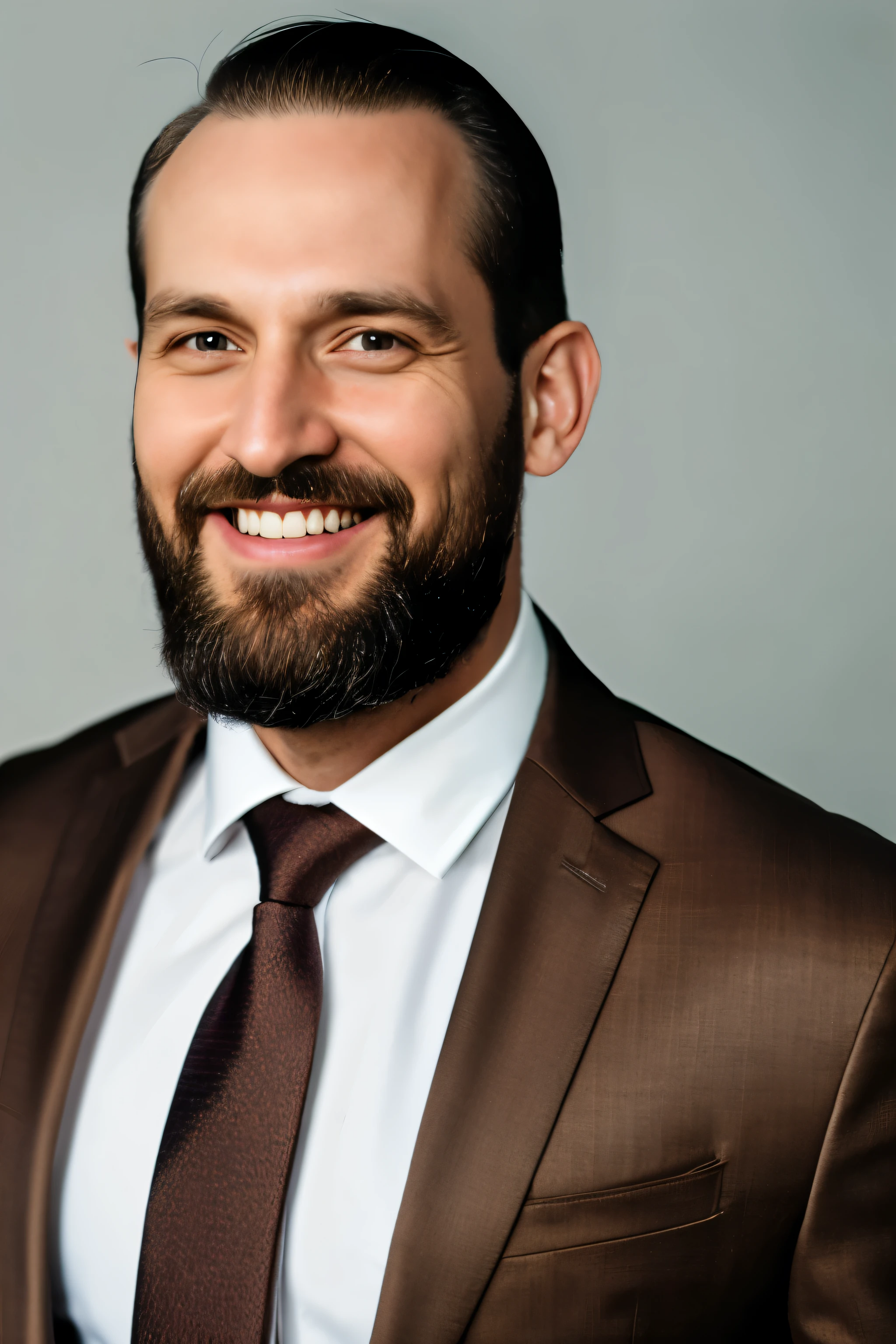 Hyperrealism ultra detailed photography portrait of a tall thirty-five year old man with a beard highly detailed brown eyes almost shaved short hair wearing a suit and tie in a skyscraper at night smiling