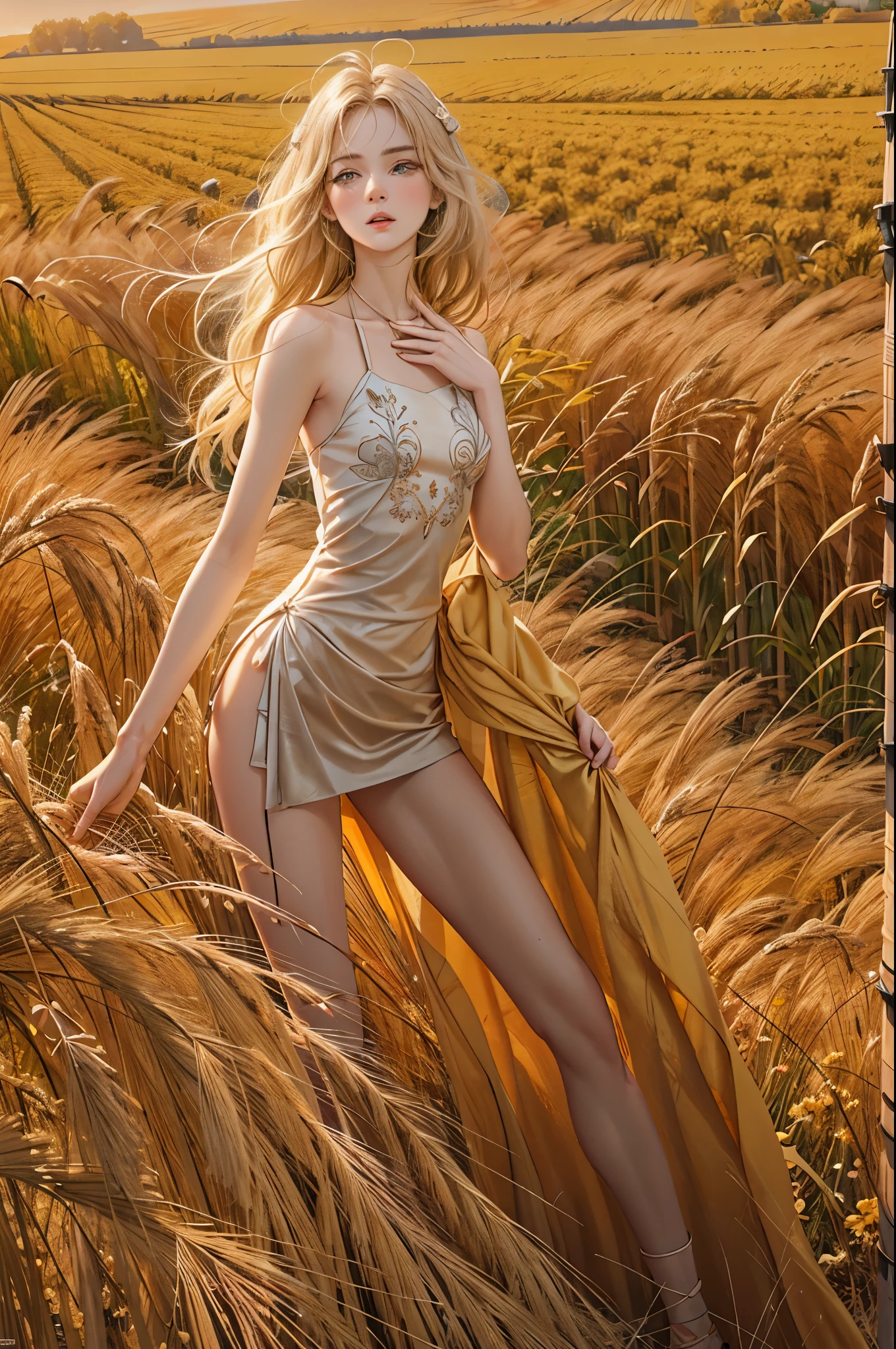 masterpiece, best quality, high quality, High definition, High quality texture, High quality shadow, high detail, beautiful detailed, finely detailed, extremely detailed cg, detailed texture, a realistic representation of the face, realistic, colorful, delicate, sharp focus, (intricate details, makeup, PureErosFace_V1:0.5), (detailed beautiful delicate face, detailed beautiful delicate eyes, a face of perfect proportion, high detailed skin, detailed skin, best ratio four finger and one thumb, skiny and thin:1.3), 1girl, , tall, (smooth_abs:1.55), (abs:0.5), pretty, masterpiece, highres, (long_skinny_legs), (straight_legs), (skinny_waist), (((fair skin))), white skin, (((pale skin))), (Emma_watson), big_breast, (((Caucasian))), Light blonde hair, orange Bandeau, orange short pleated dress, standing legs apart, looking at viewer, full body, portrait of cute blonde girl, standing on a wheat field (((looking away))), bloom, orange fog, motion, wispy hair, realism, high-quality rendering, stunning art, high quality, film grain, Fujifilm XT3, dreamy