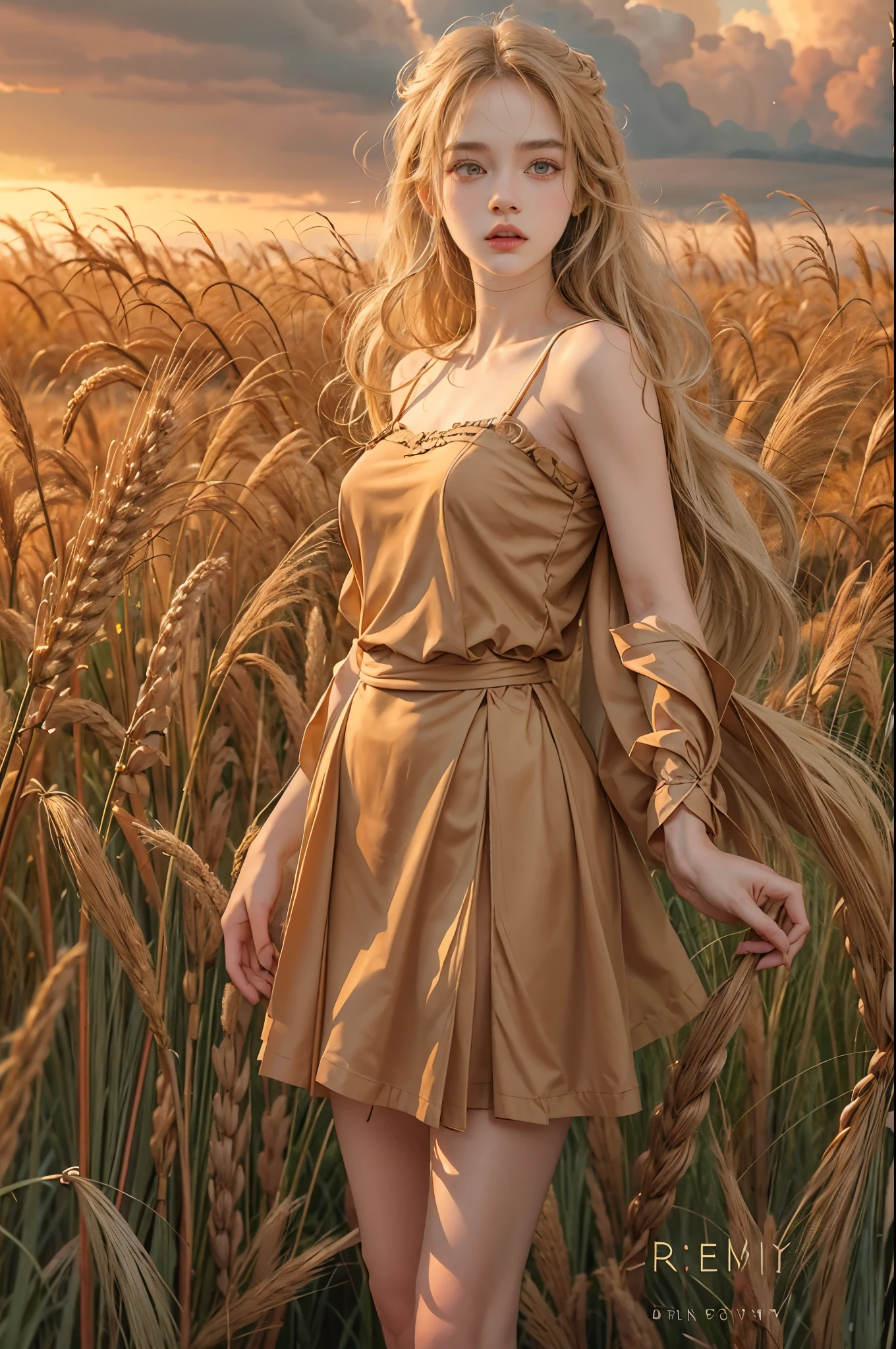masterpiece, best quality, high quality, High definition, High quality texture, High quality shadow, high detail, beautiful detailed, finely detailed, extremely detailed cg, detailed texture, a realistic representation of the face, realistic, colorful, delicate, sharp focus, (intricate details, makeup, PureErosFace_V1:0.5), (detailed beautiful delicate face, detailed beautiful delicate eyes, a face of perfect proportion, high detailed skin, detailed skin, best ratio four finger and one thumb, skiny and thin:1.3), 1girl, , tall, (smooth_abs:1.55), (abs:0.5), pretty, masterpiece, highres, (long_skinny_legs), (straight_legs), (skinny_waist), (((fair skin))), white skin, (((pale skin))), (Emma_watson), big_breast, (((Caucasian))), Light blonde hair, orange Bandeau, orange short pleated dress, standing legs apart, looking at viewer, full body, portrait of cute blonde girl, standing on a wheat field (((looking away))), bloom, orange fog, motion, wispy hair, realism, high-quality rendering, stunning art, high quality, film grain, Fujifilm XT3, dreamy