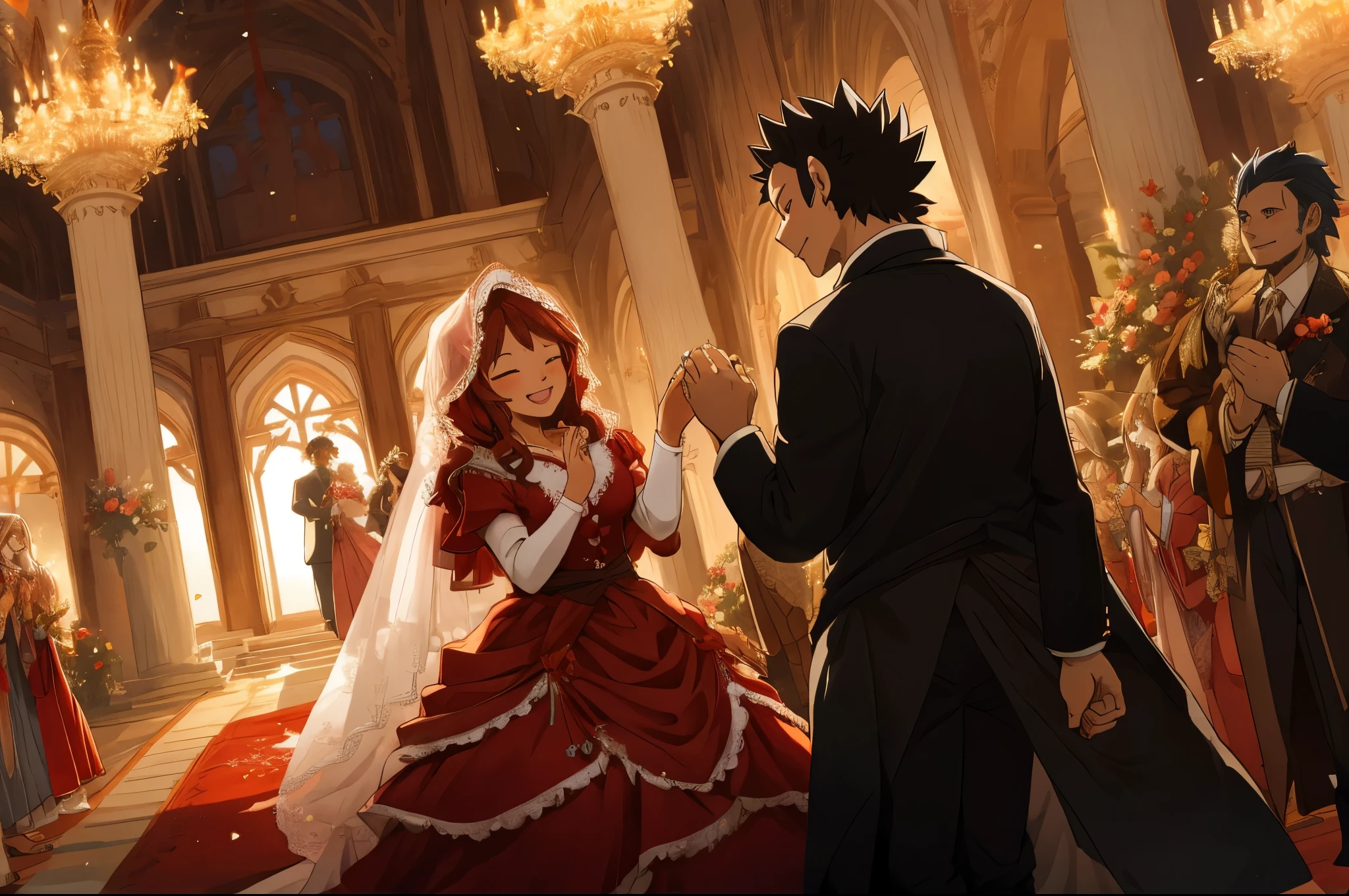 cover_page, Fairy Tail wedding scene, Little Red Riding Hood Wedding with the Wolf, Beautifully dressed old lady in the background, Uncle of a hunter in a stylish suit, Clapping hands in joy and celebrating, Romantic and dreamy atmosphere, Ceremony in a lavishly decorated venue,