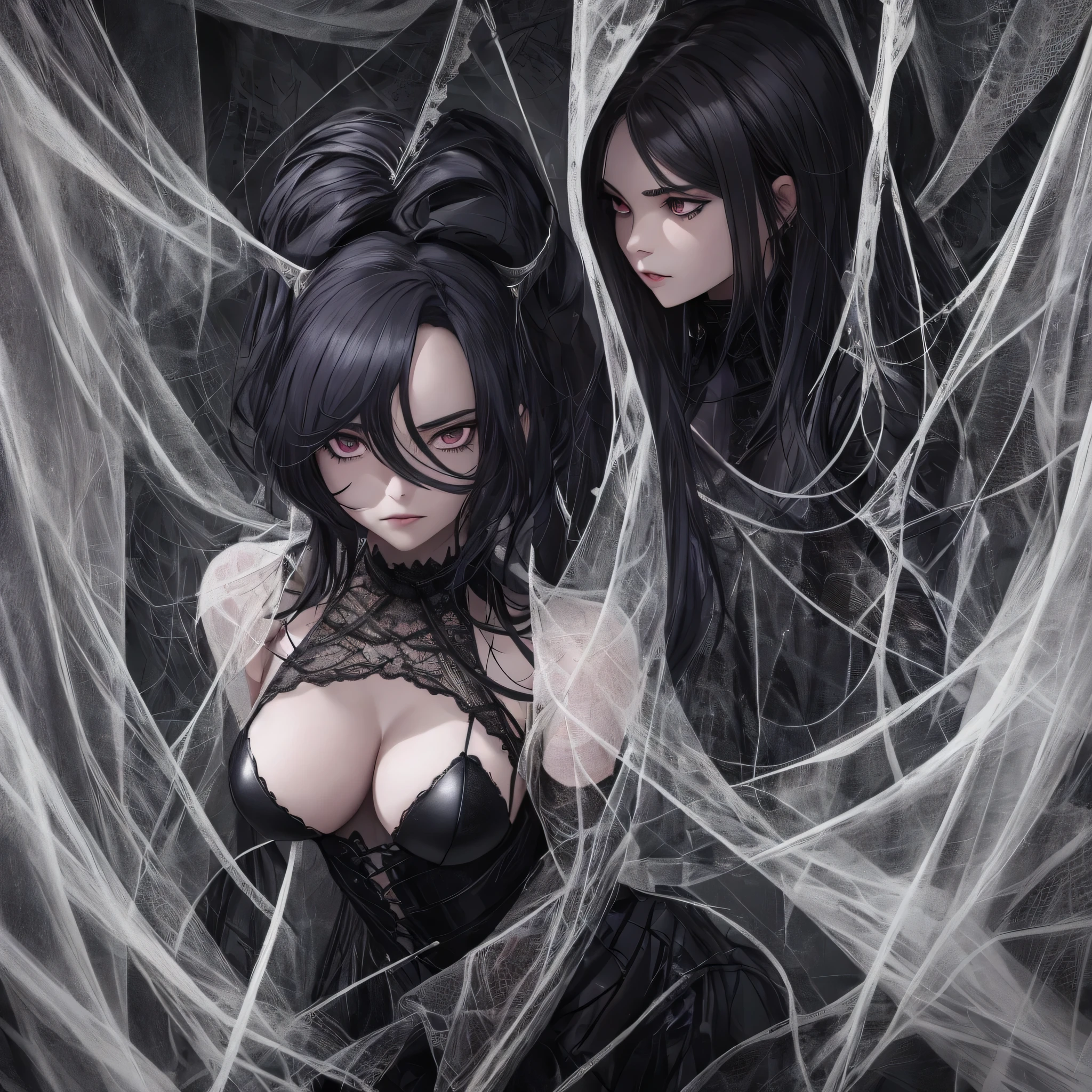 A girl trapped in a spiderweb, the bad Spiderwoman seducing her
(highres,photorealistic) A girl, with fear in her eyes, caught in a web spun by the bad Spiderwoman. The details in her face are exquisite, showing her every emotion. The web surrounding her is incredibly intricate and realistic, with each strand shining in the light.
(extra detailed) The girl's skin is flawless, with every pore and blemish visible. Her clothes are torn and tattered, showing signs of struggle. The Spiderwoman's costume is dark and sleek, with delicate webs clinging to her black outfit. Her eyes glisten with a hint of mischief and danger.
(dramatic lighting, intense shadows) The scene is bathed in a dim, eerie light, casting long shadows on the girl and the Spiderwoman. The contrast between light and dark adds to the tension and suspense.
(sensual, confident) The Spiderwoman exudes sensuality and confidence, her body language seductive and alluring. She crawls towards the girl, her movements graceful and mesmerizing.
(sinister atmosphere) The atmosphere is filled with an air of menace and danger, as if something sinister is about to happen. The viewer can feel the girl's vulnerability and the imminent threat she faces.
(vibrant colors) The colors in the scene are vibrant and rich, with deep shades of purple and black dominating the palette. The girl's clothes are a stark contrast to the dark background, a bright pop of color in the gloom.
(enclosed space) The scene takes place in a confined space, surrounded by the spiderweb. The closeness of the web adds to the claustrophobic feeling, emphasizing the girl's entrapment.
With this prompt, Stable Diffusion will generate a high-quality and detailed image depicting the bad Spiderwoman seducing the girl trapped in her web.
