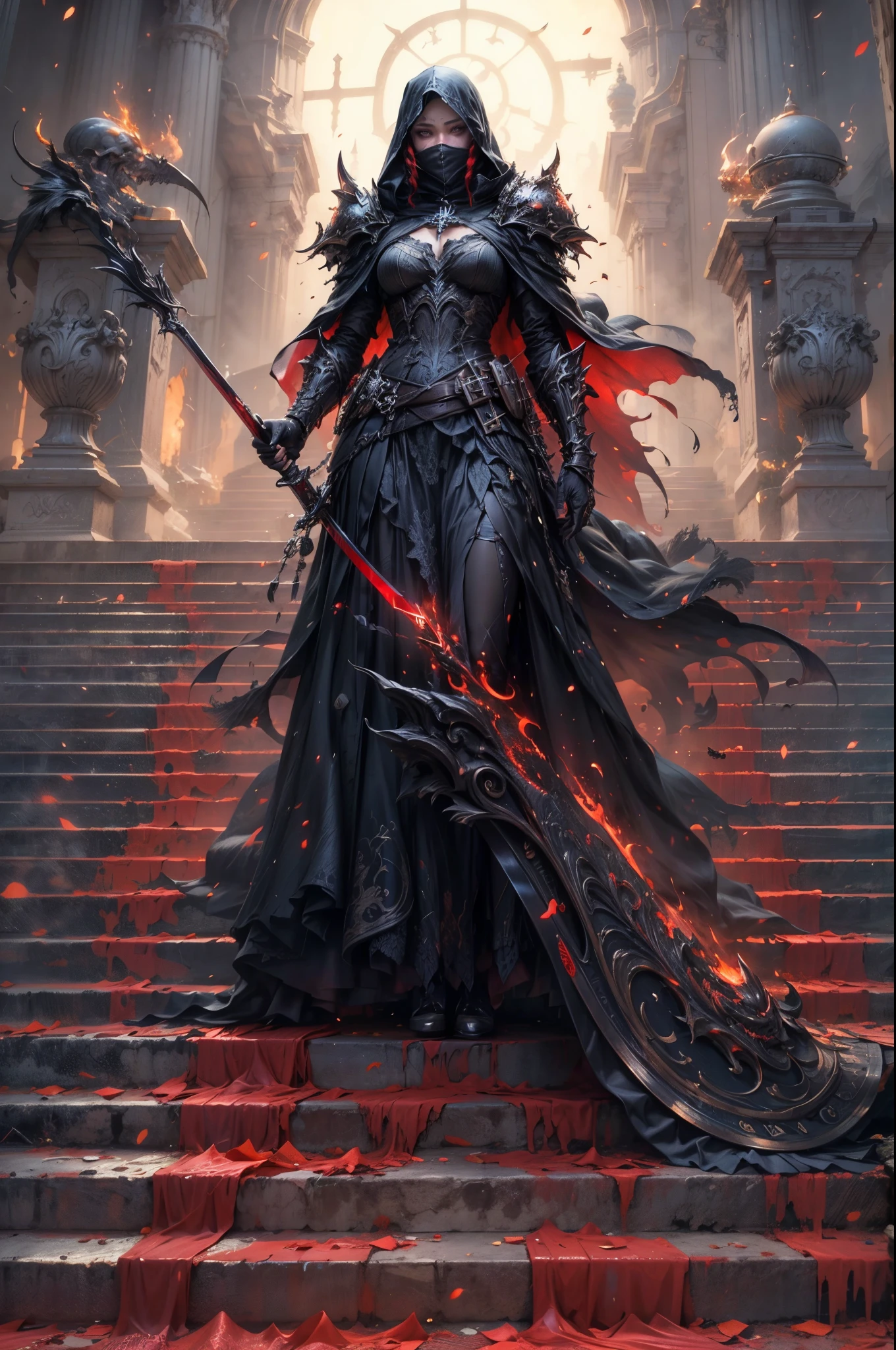 Holy Church，The messenger of hell came down the stairs，Arad woman in black dress，A gray cloak covered his face，Bronze Spiked Armor，Impressive and mysterious，With a feeling of oppression，Up the stairs with a dark red braid，dark fantasy art, Abaddon and Magali Villeneuve, The blade reflects a strong red glow.，Rear light source，Contour light，3Drendering，unreal engine，rendering by octane number，Resolution 8K，the masterpiece。Ultra-high detail，award-winning，