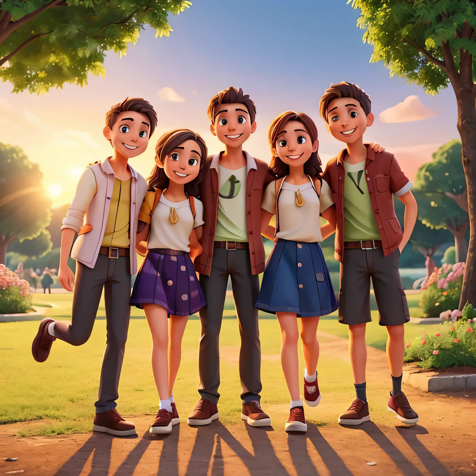 A group of 2 male and 2 female friends gathered in a beautiful park, sunset, their smiles radiating warmth and joy. The 2D illustration captures every detail of their unique personalities