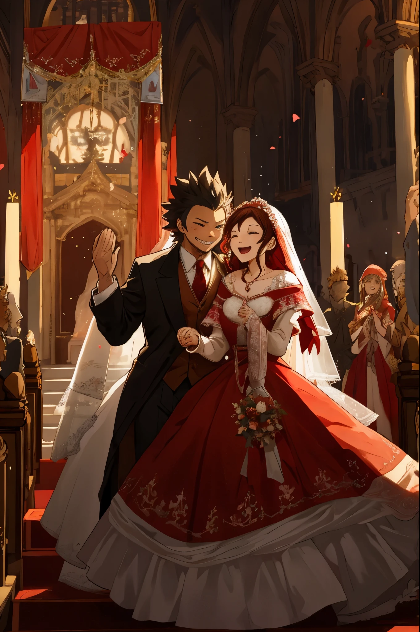 cover_page, Fairy Tail wedding scene, Little Red Riding Hood Wedding with the Wolf, Beautifully dressed old lady in the background, Uncle of a hunter in a stylish suit, Clapping hands in joy and celebrating, Romantic and dreamy atmosphere, Ceremony in a lavishly decorated venue,