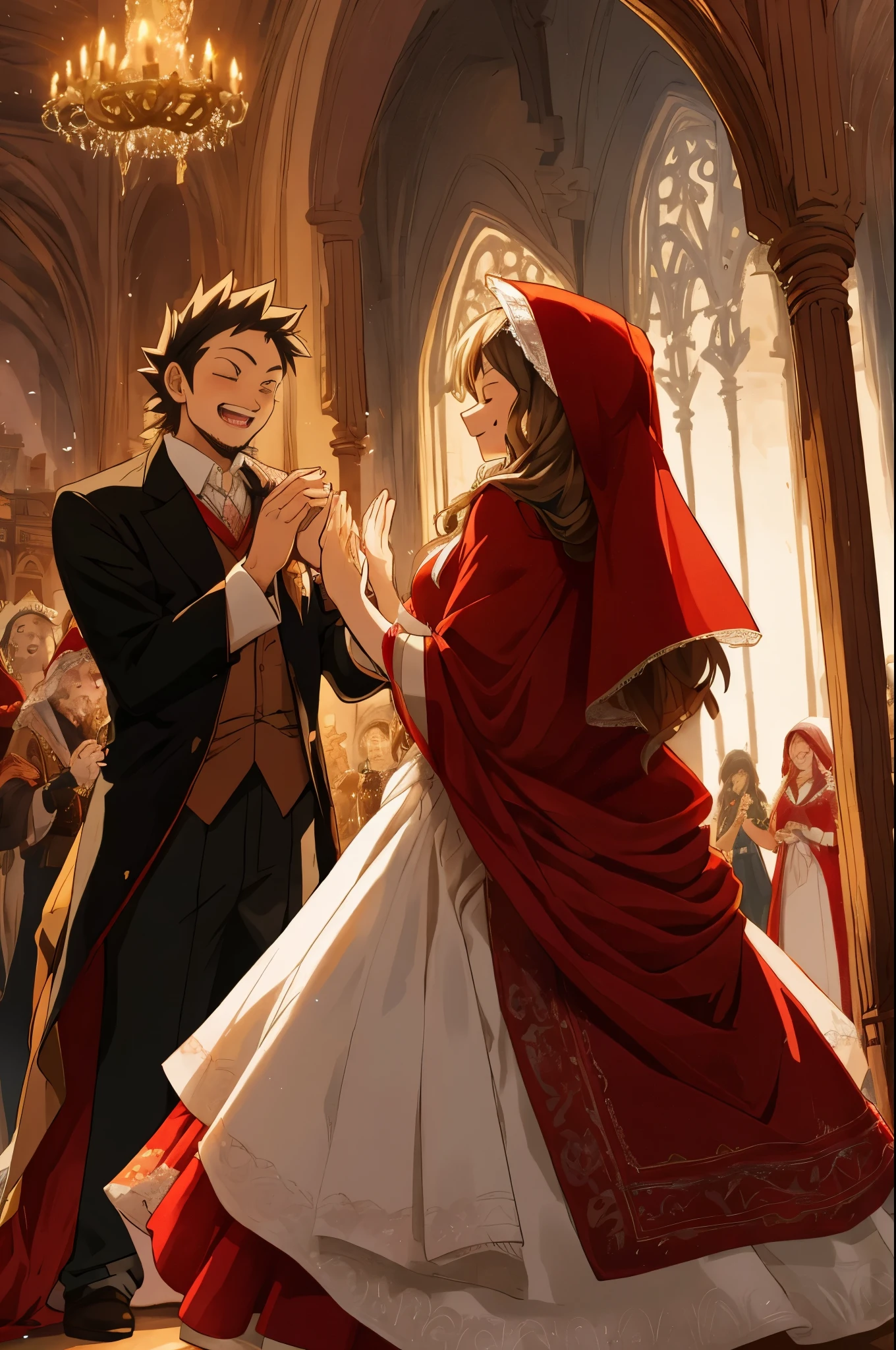 cover_page, Fairy Tail wedding scene, Little Red Riding Hood Wedding with the Wolf, Beautifully dressed old lady in the background, Uncle of a hunter in a stylish suit, Clapping hands in joy and celebrating, Romantic and dreamy atmosphere, Ceremony in a lavishly decorated venue,