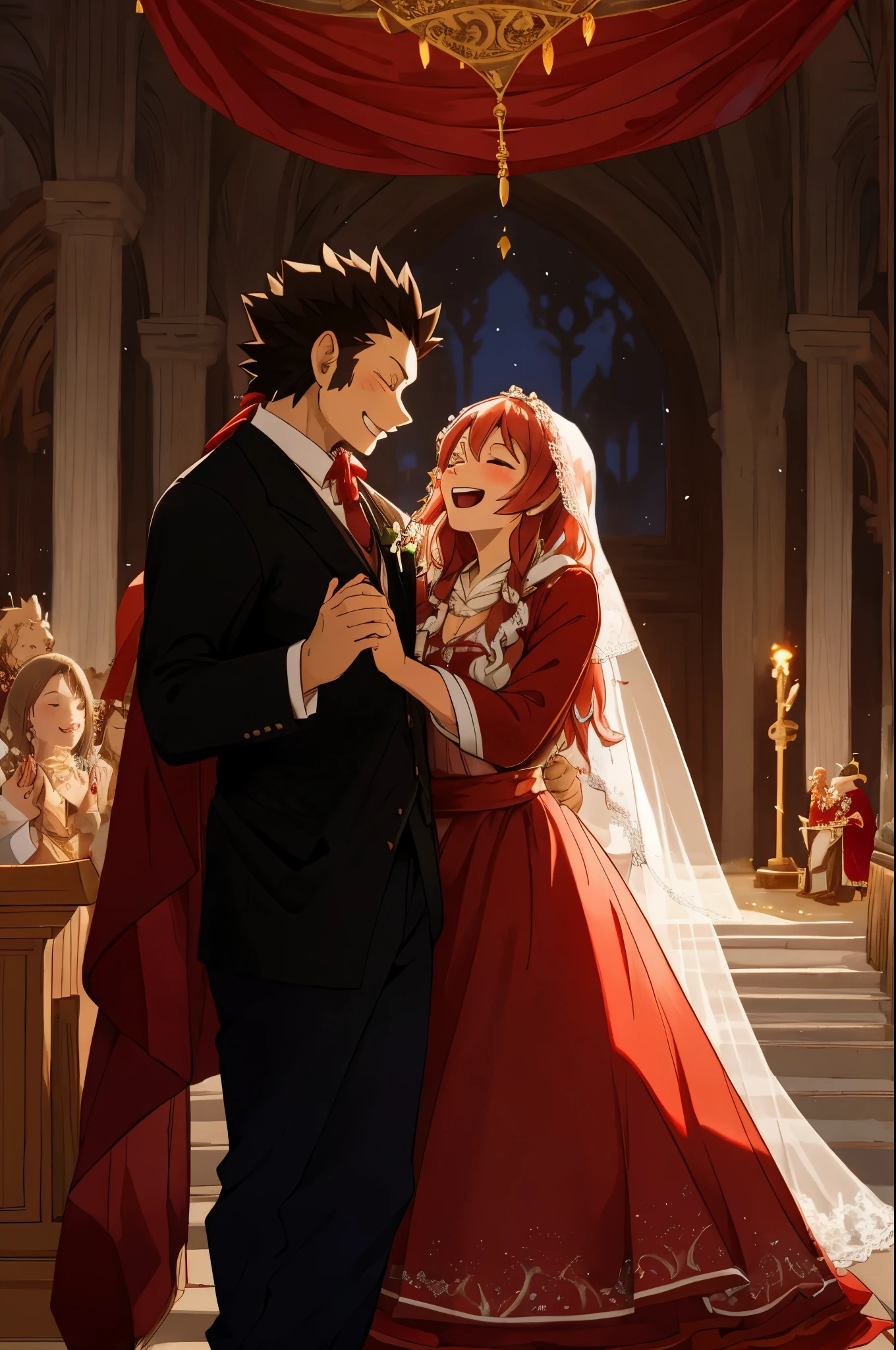 cover_page, Fairy Tail wedding scene, Little Red Riding Hood Wedding with the Wolf, Beautifully dressed old lady in the background, Uncle of a hunter in a stylish suit, Clapping hands in joy and celebrating, Romantic and dreamy atmosphere, Ceremony in a lavishly decorated venue,