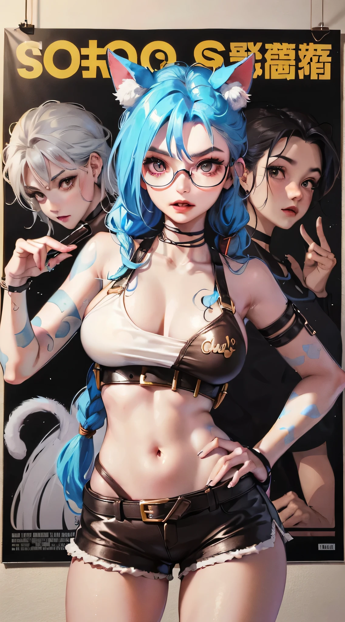 Jinx,Fleshy thighs,Poster publicity style,poster background,C cup,wears glasses,Ultra shorts,milk tea,baby cats