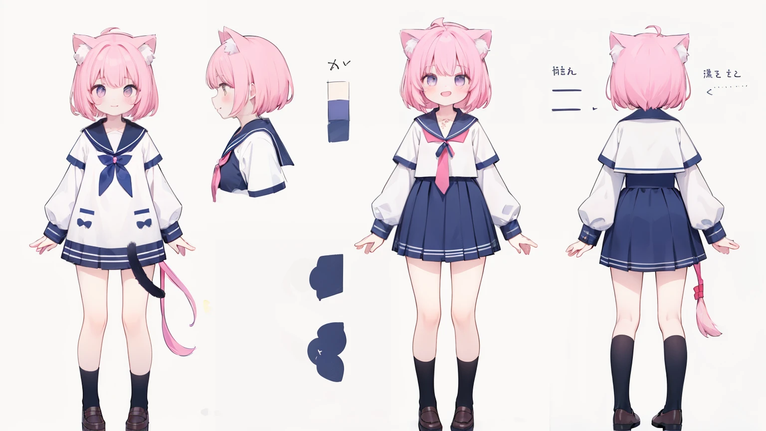 1 girl, Cat ears, cat tail, Sailor suit, ，positive face，Full body photo of the character，stand，pink hair，simple background（Character split reference picture）