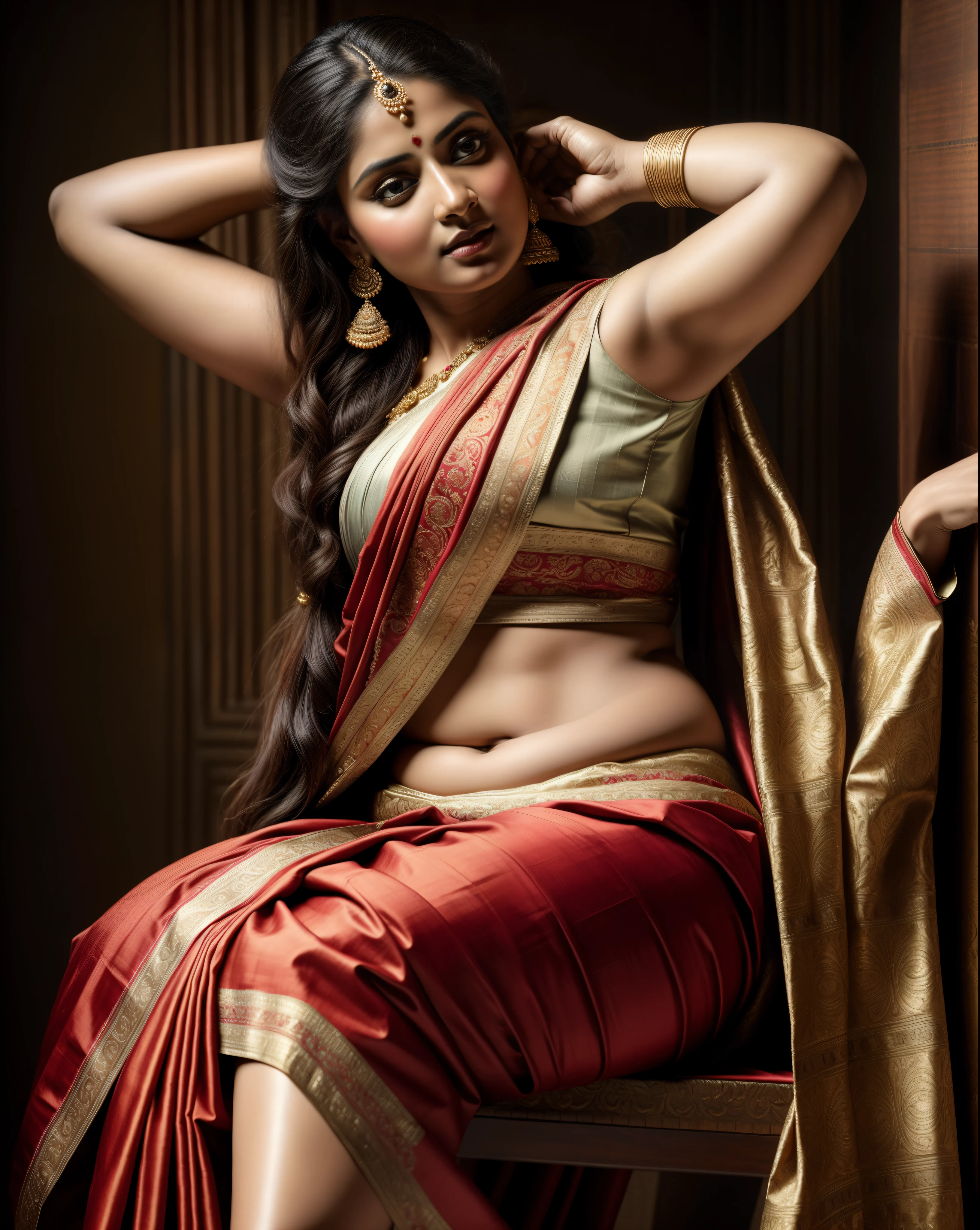 Beautiful Indian Woman, wearing saree, sari Beauty, gorgeous, Apsara, Maharani, royal queen woman, nymph from Hindu Mythology, Urvashi, matchless beauty, Highly detailed, Oil Painting by Peter Paul Rubens inspired by Raja Ravi Varma, Matchless beauty, captivating, gorgeous, heavenly beauty, celestial beauty, by Peter Paul Rubens, 1893, realistic, hyper realistic, micro details, incredible artwork, insane details, ultra High resolution, 8k, 32k,  acrylic on canvas, intricate, flawless, detailed, detailed face, detailed eyes, masterpiece, by Peter Paul Rubens, by Caravaggio, by William Adolphe bouguereau, perfect face, perfect body, beautiful art, realism, baroque, renaissance Art, highly textured, beautiful and detailed eyes, uhd, best quality,