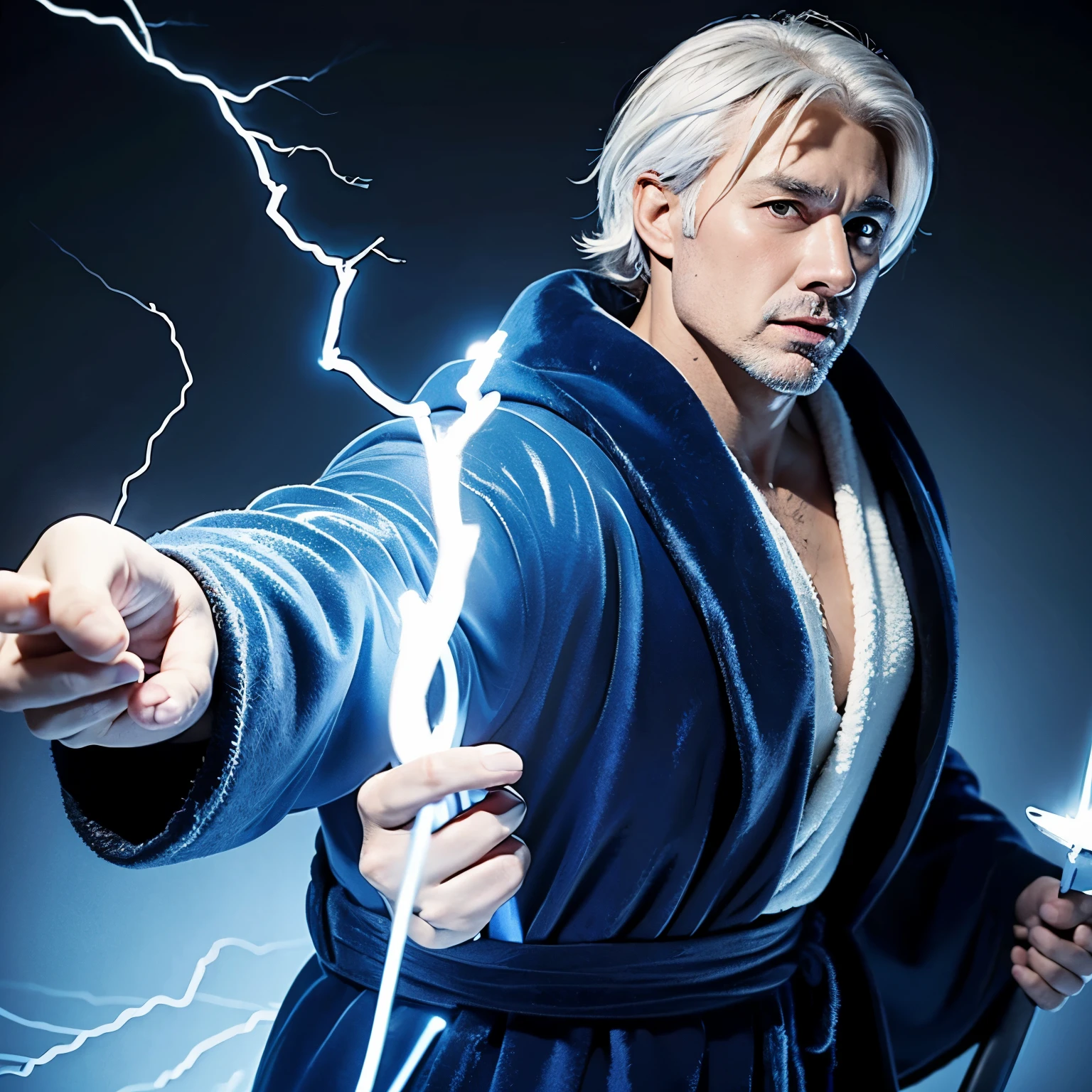 white-haired middle-aged man,Holding lightning in hand, blue robe, Strong